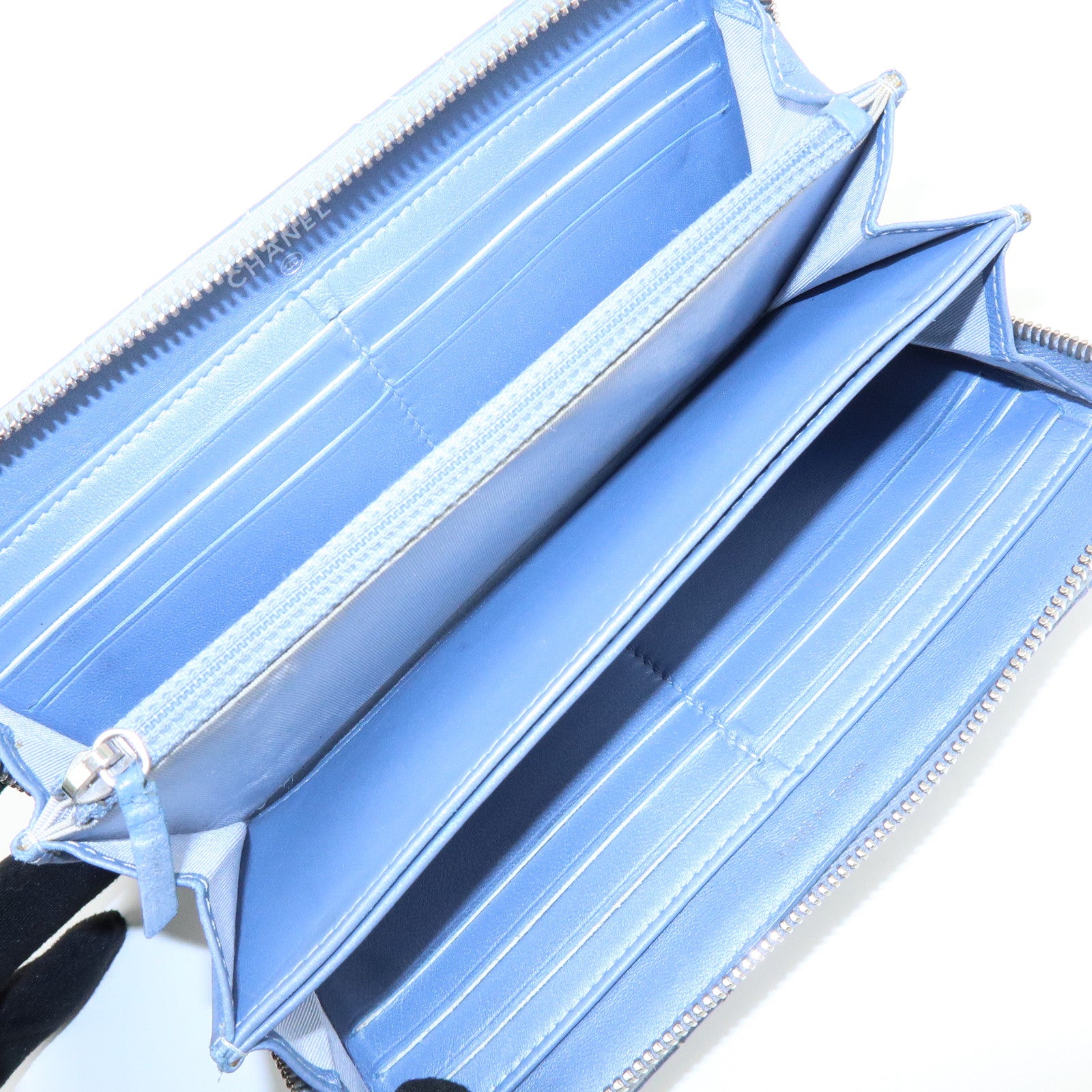 CHANEL Camellia Lamb Skin Round Zippy Wallet Light Blue A82281