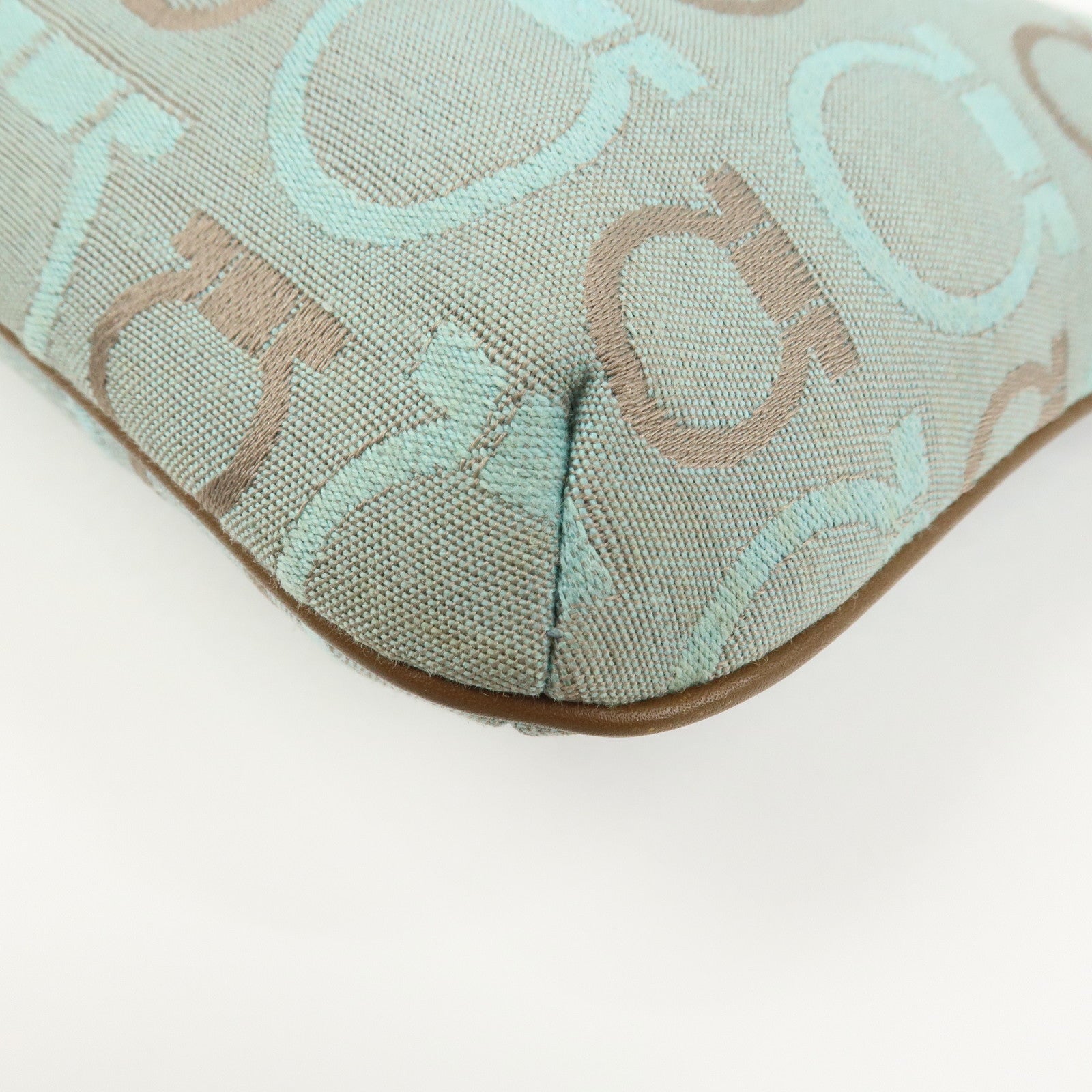 Ferragamo Gancini Logo Canvas Leather Shoulder Bag Light Blue Brown