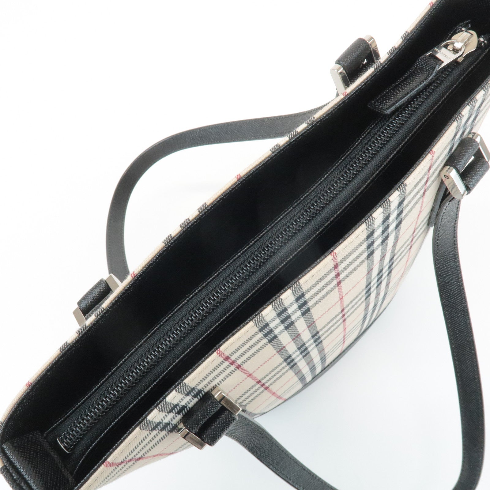 BURBERRY Nova Plaid Canvas Leather Tote Bag Shoulder Bag Black Used