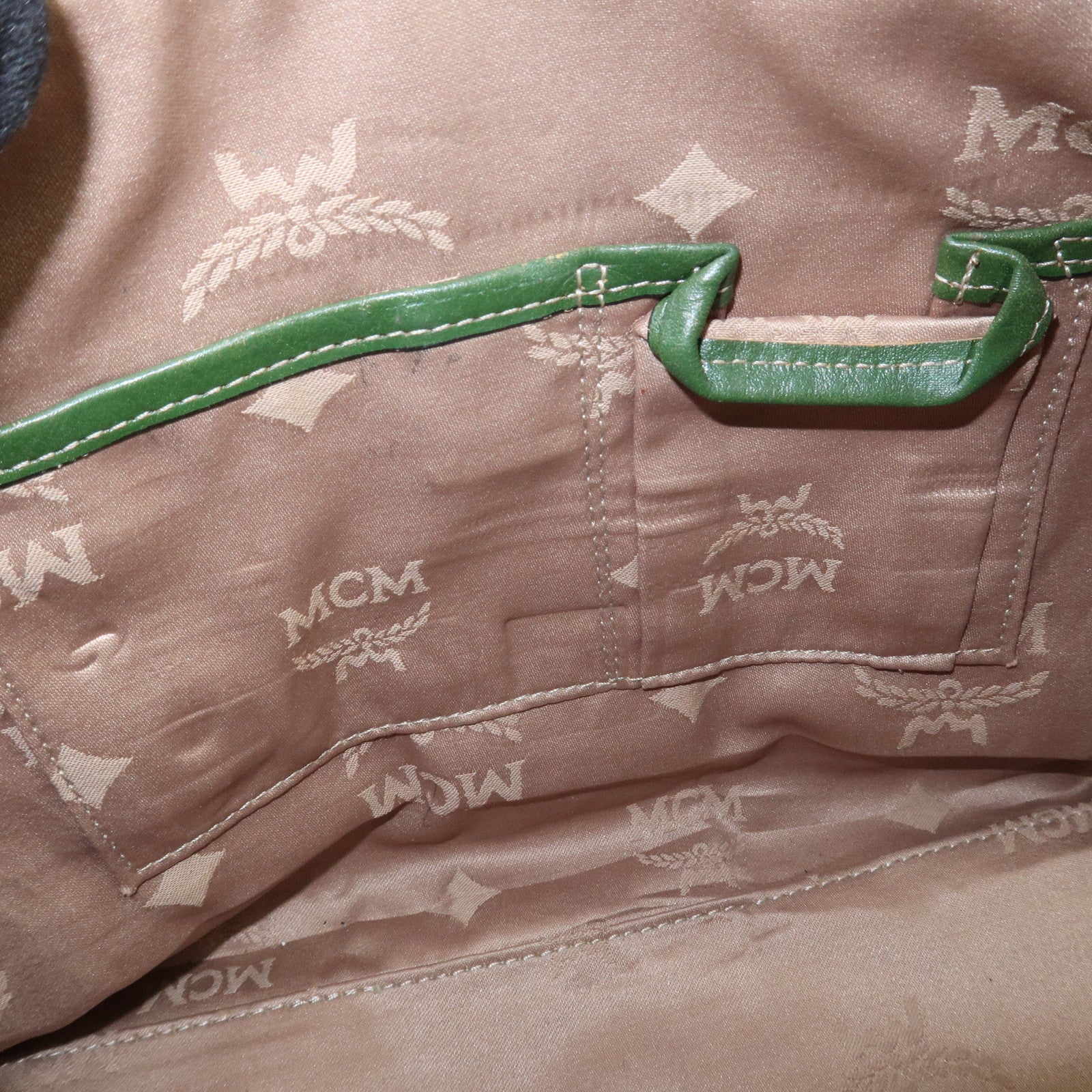 MCM Visetos PVC Coating Canvas Leather Boston Bag Beige Green