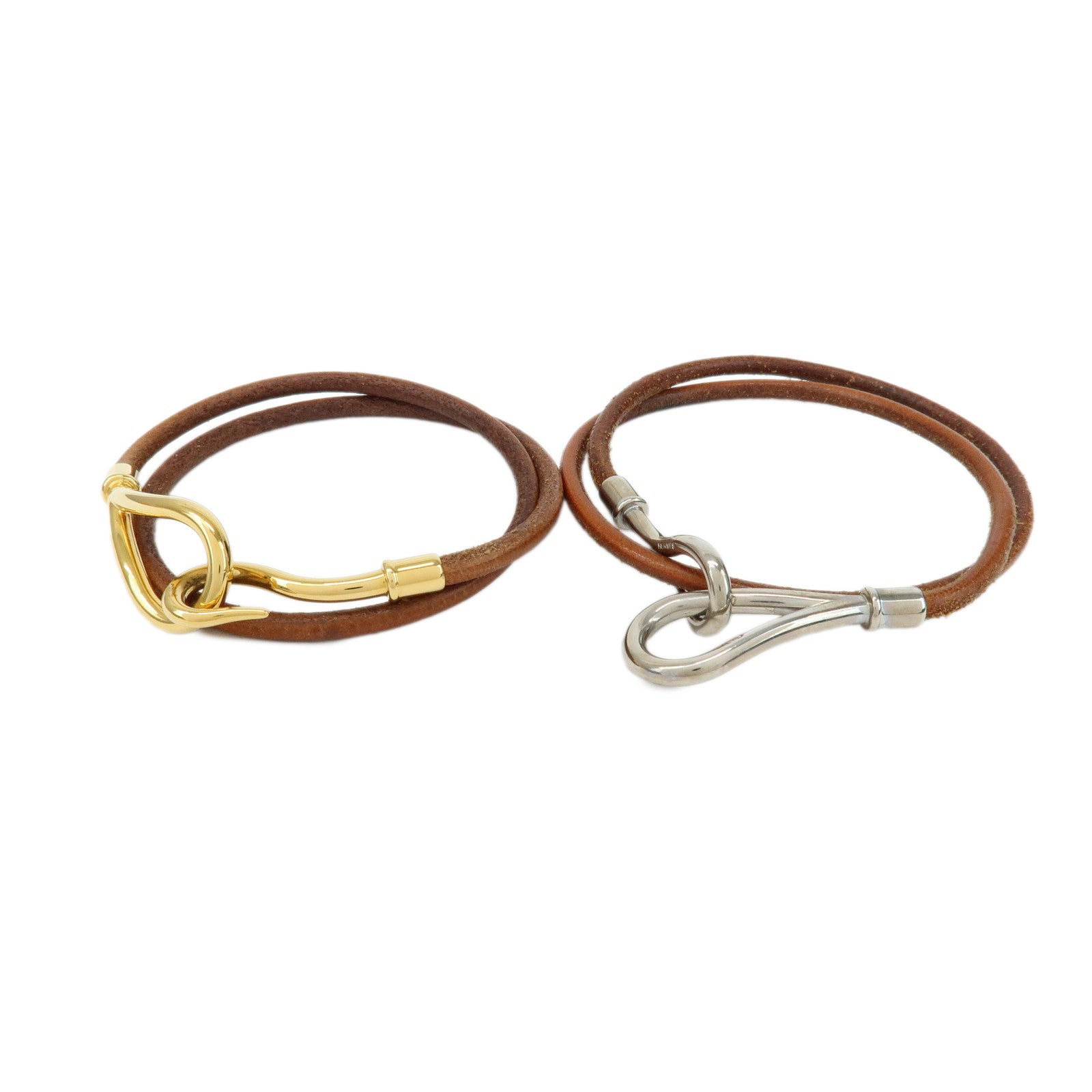 HERMES Set of 2 Jumbo Choker Leather Bracelet Brown Gold Silver