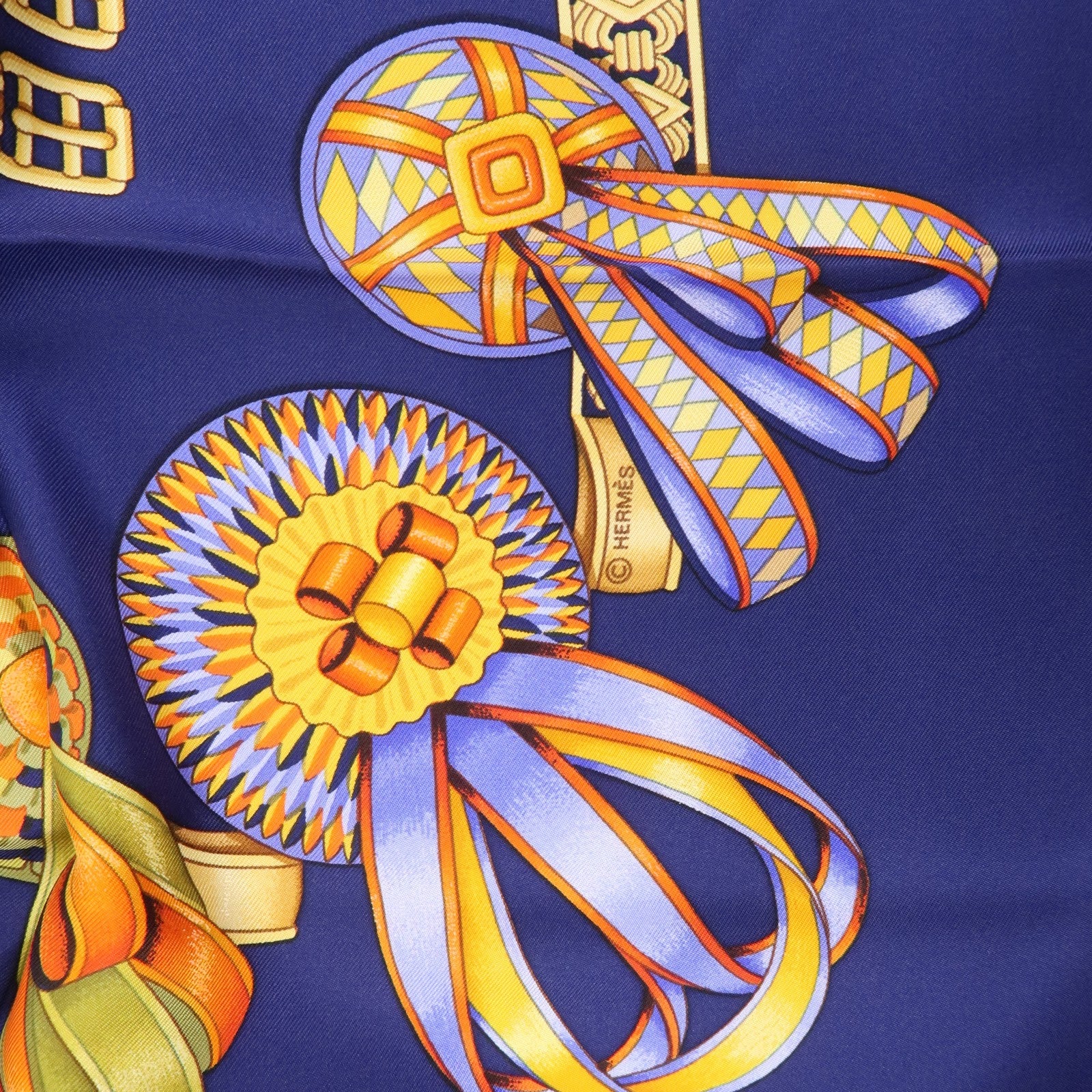 HERMES Carre 90 Silk 100% LES RUBANS DU CHEVAL Navy Used