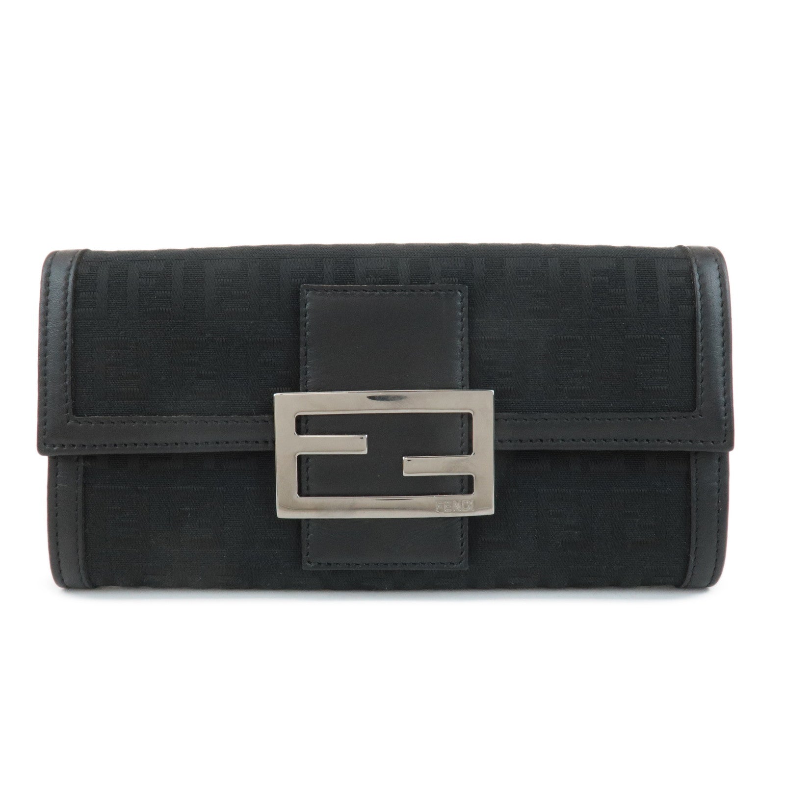 FENDI Zucchino Leather Canvas Bi-fold Long Wallet Black M0021 Used