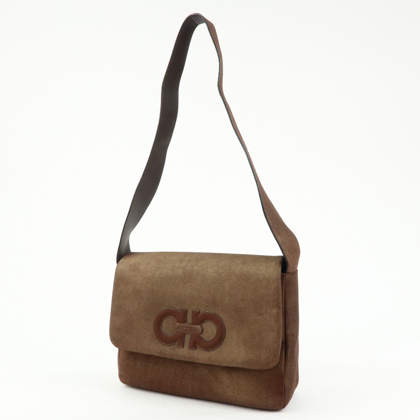 Ferragamo Logo Gancini Canvas Leather Shoulder Bag Brown
