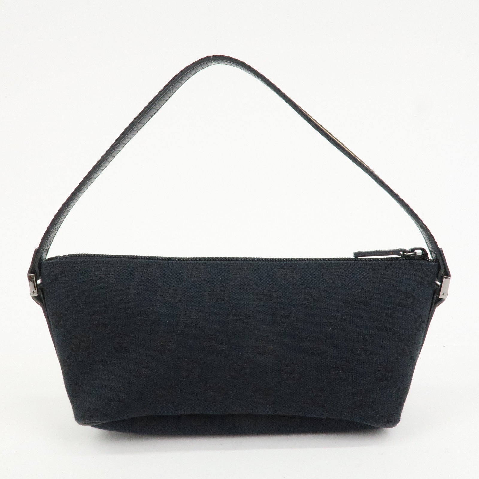 GUCCI Boat Bag Sherry GG Canvas Leather Hand Bag Black 141809