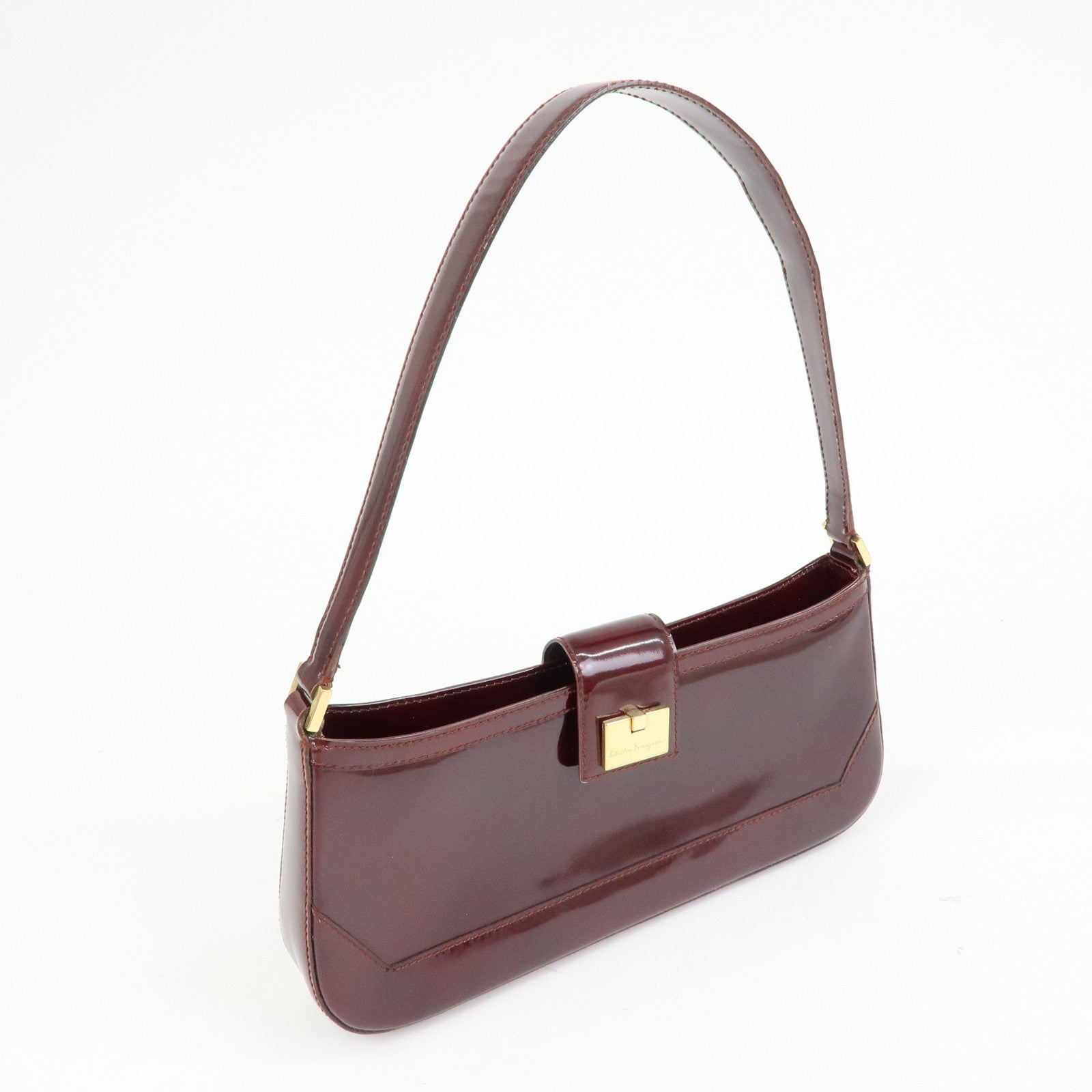 Ferragamo Patent Leather Shoulder Bag Hand Bag Bordeaux
