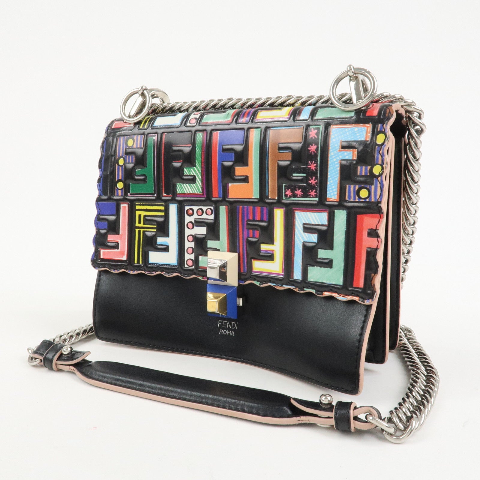 FENDI Zucca Leather Mini Kan I Chain Shoulder Bag Multicolor 8M0381
