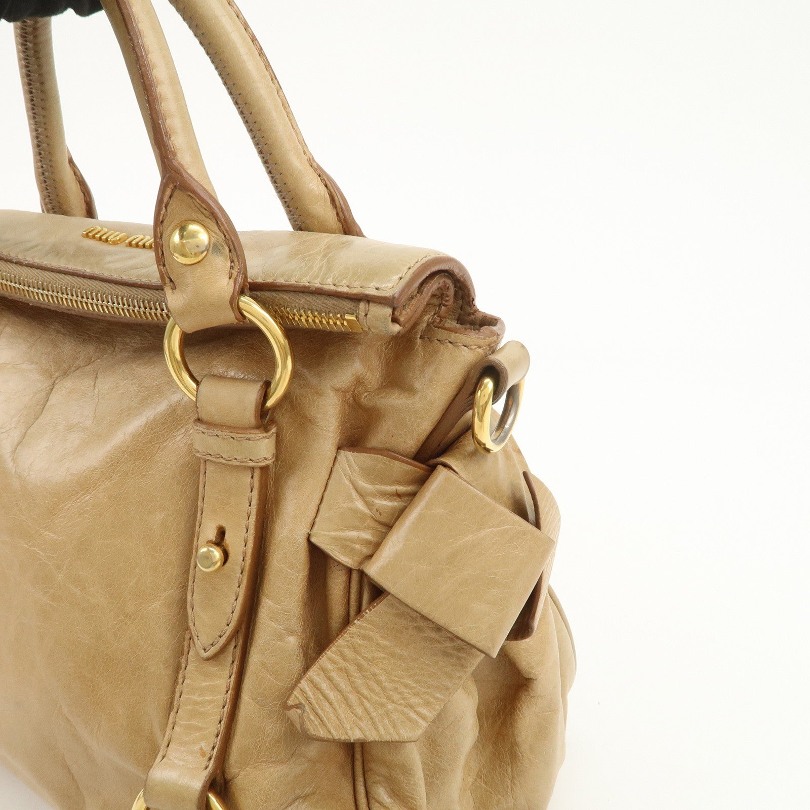 MIU MIU Logo Leather 2Way Bag Hand Bag Shoulder Bag Beige RT0438