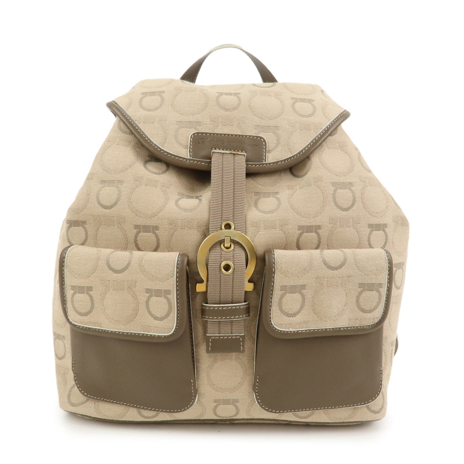 Ferragamo Gancini Canvas Leather Backpack Rucksuck Beige
