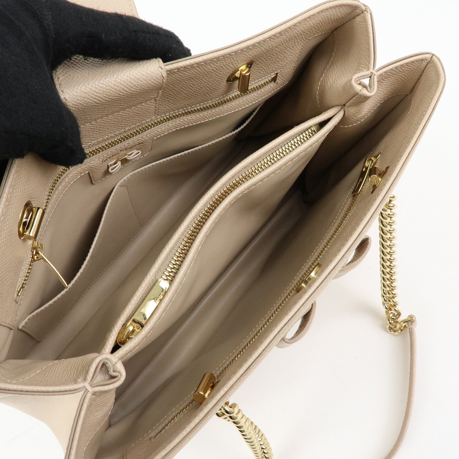 Ferragamo Vara Ribbon Leather Tote Bag Hand Bag Pink Beige