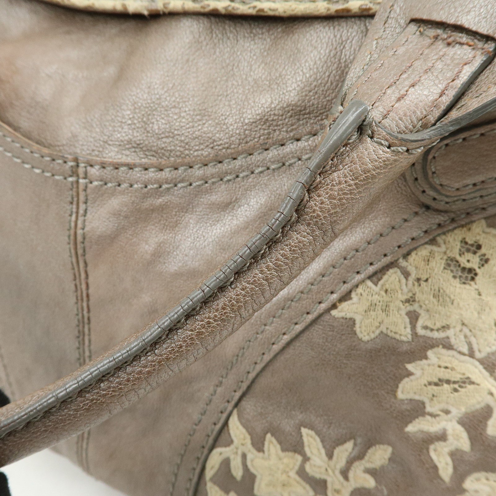 VALENTINO Flower Embroidery Leather Hand Bag Shoulder Bag Greige