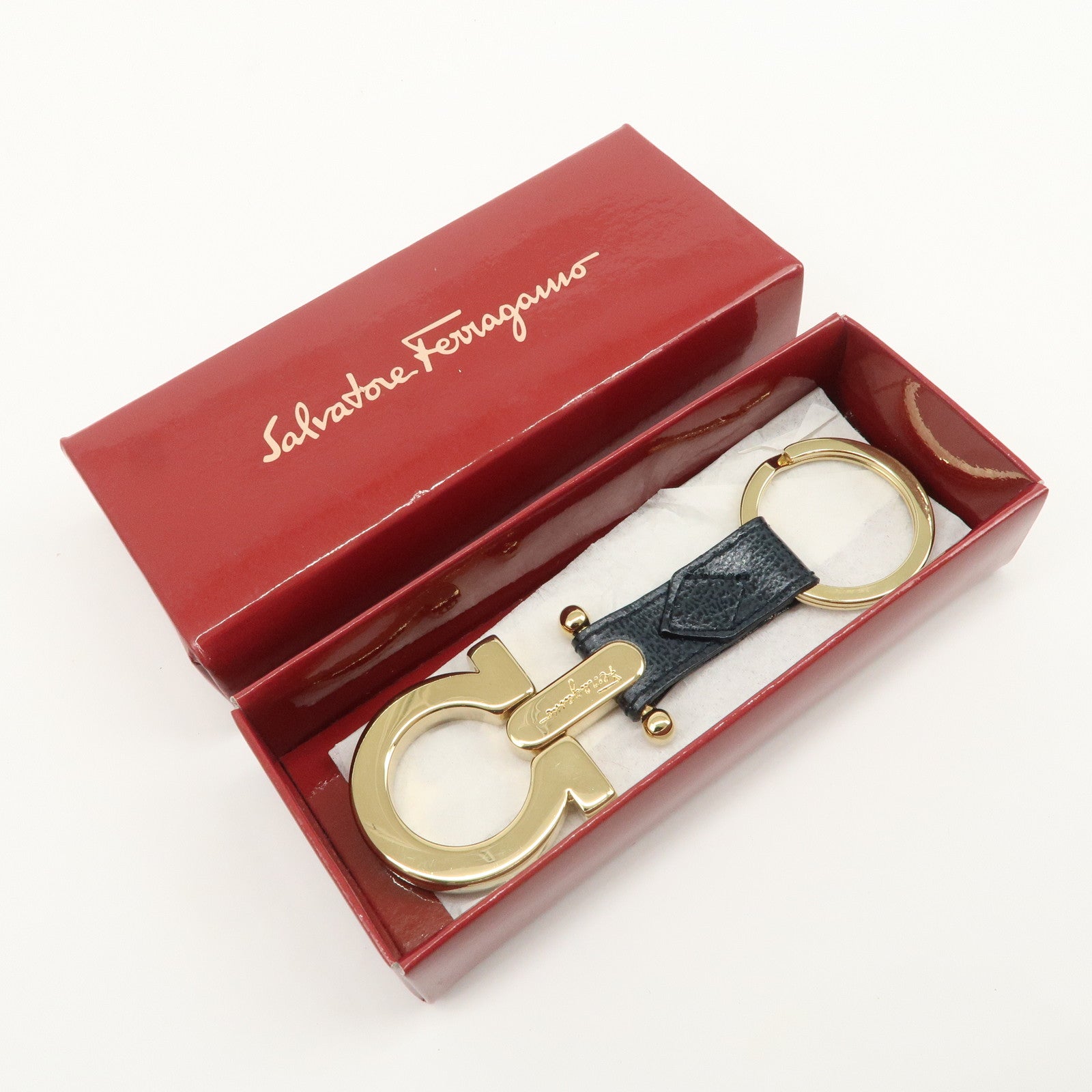 Ferragamo Gancini Leather Metal Bag Charm Key Charm Key Chain Black