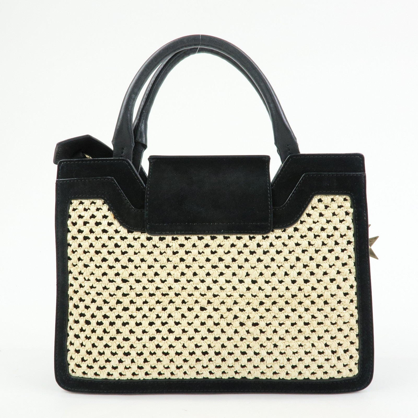 JIMMY CHOO Straw Suede Leather 2Way Bag Hand Bag Natural Black