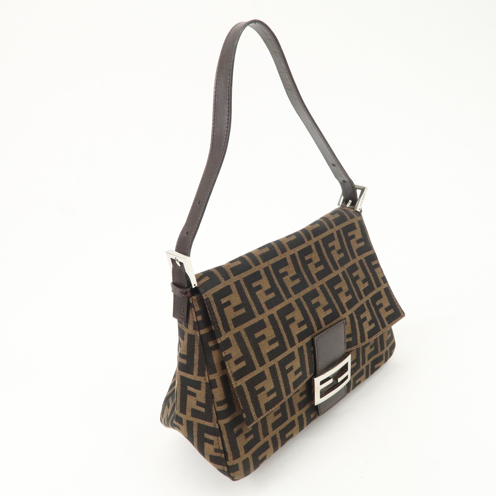 FENDI Mamma Baguette Canvas Leather Shoulder Bag Silver HDW 26325 Used