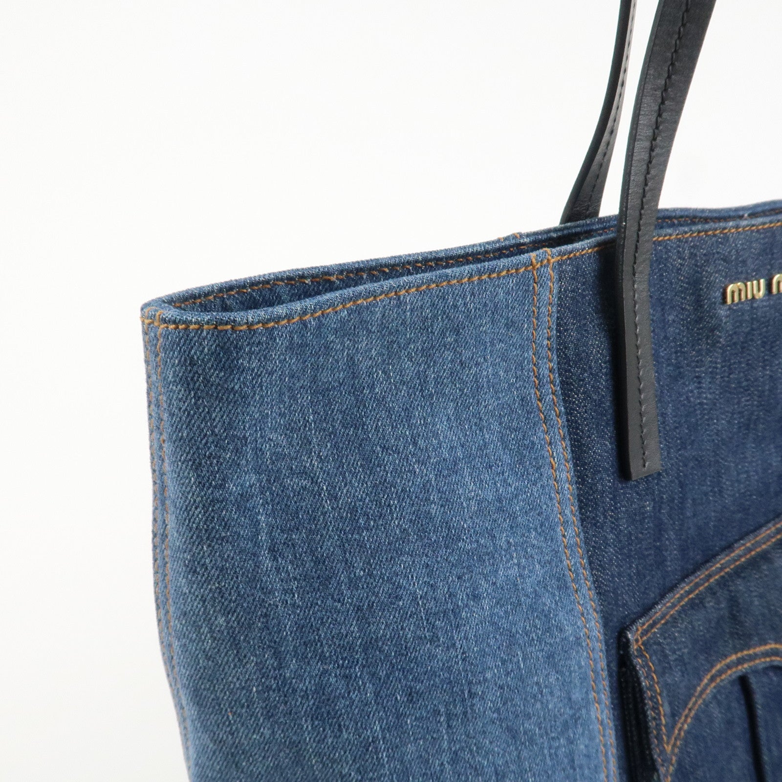 MIU MIU Leather Denim Tote Bag Shoulder Bag Navy 5BG024 Used