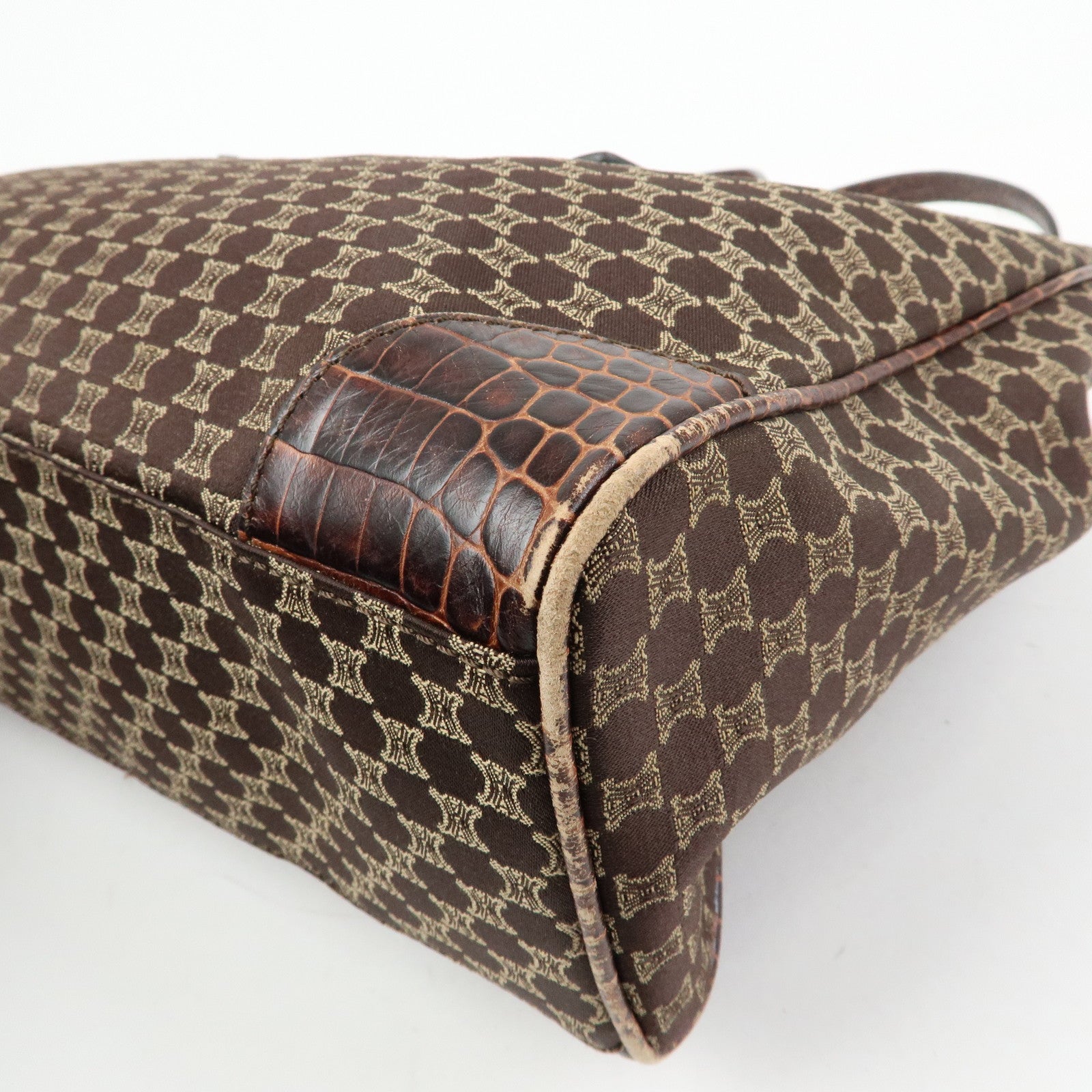 CELINE Macadam Embsossed Leather Canvas Tote Bag Hand Bag Brown