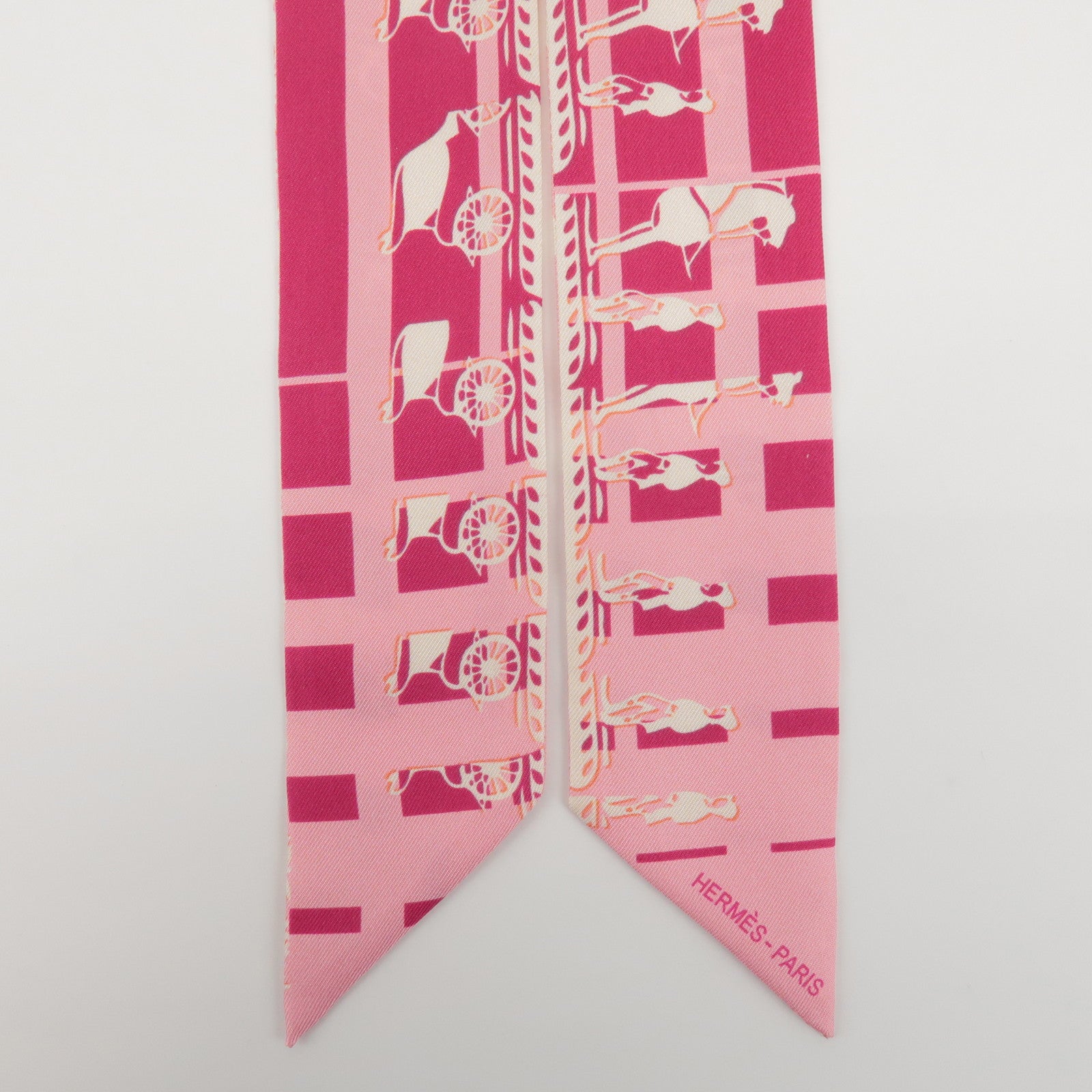 HERMES Twilly 100% Silk Scarf GINZA Logo Motif Pink White