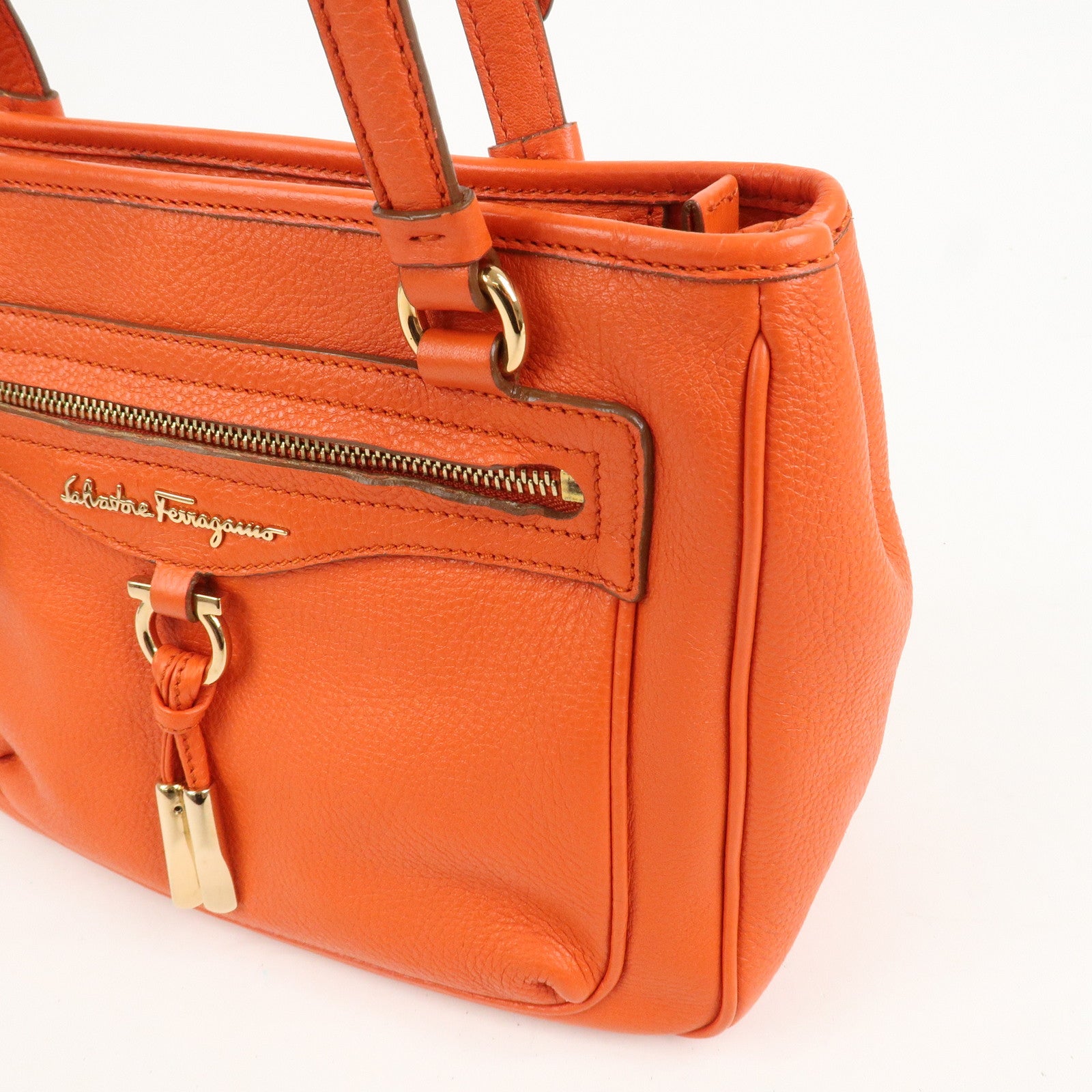 Ferragamo Gancini Leather Hand Bag Orange Gold HDW
