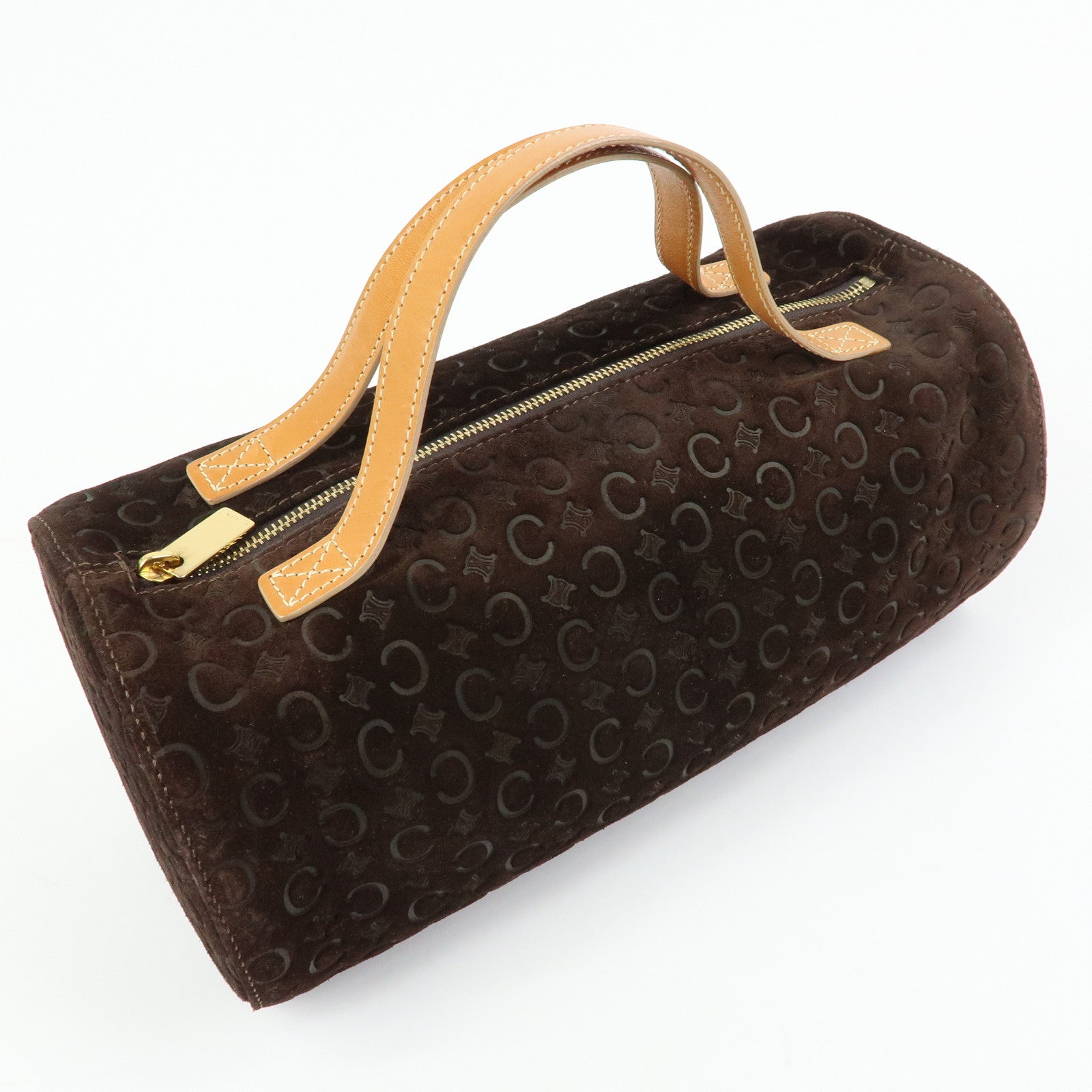CELINE C Macadam Suede Leather Hand Bag Drum Bag Dark Brown