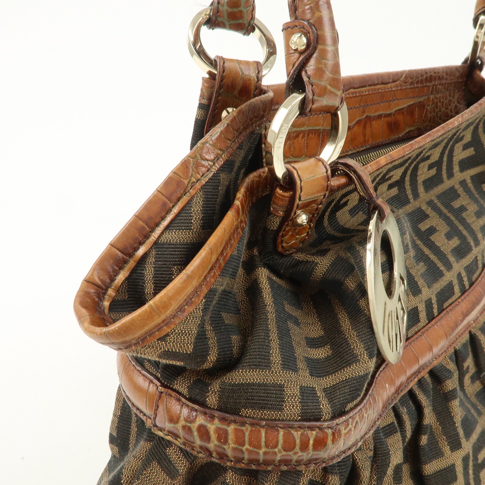 FENDI Zucca Gathered Canvas Leather Shoulder Bag Tote Bag 8BH186