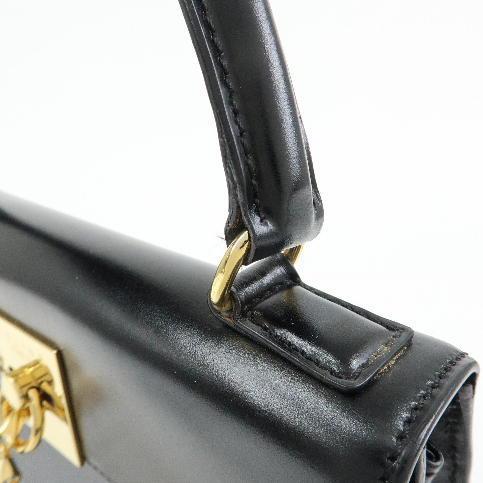 CELINE Leather Hand Bag Top-handle Bag Black Gold Chain