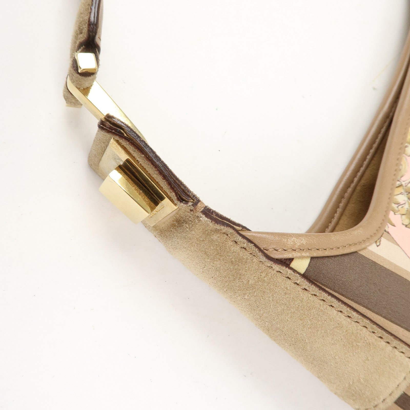 Ferragamo Nylon Leather Shoulder Bag Brown Pink Gold