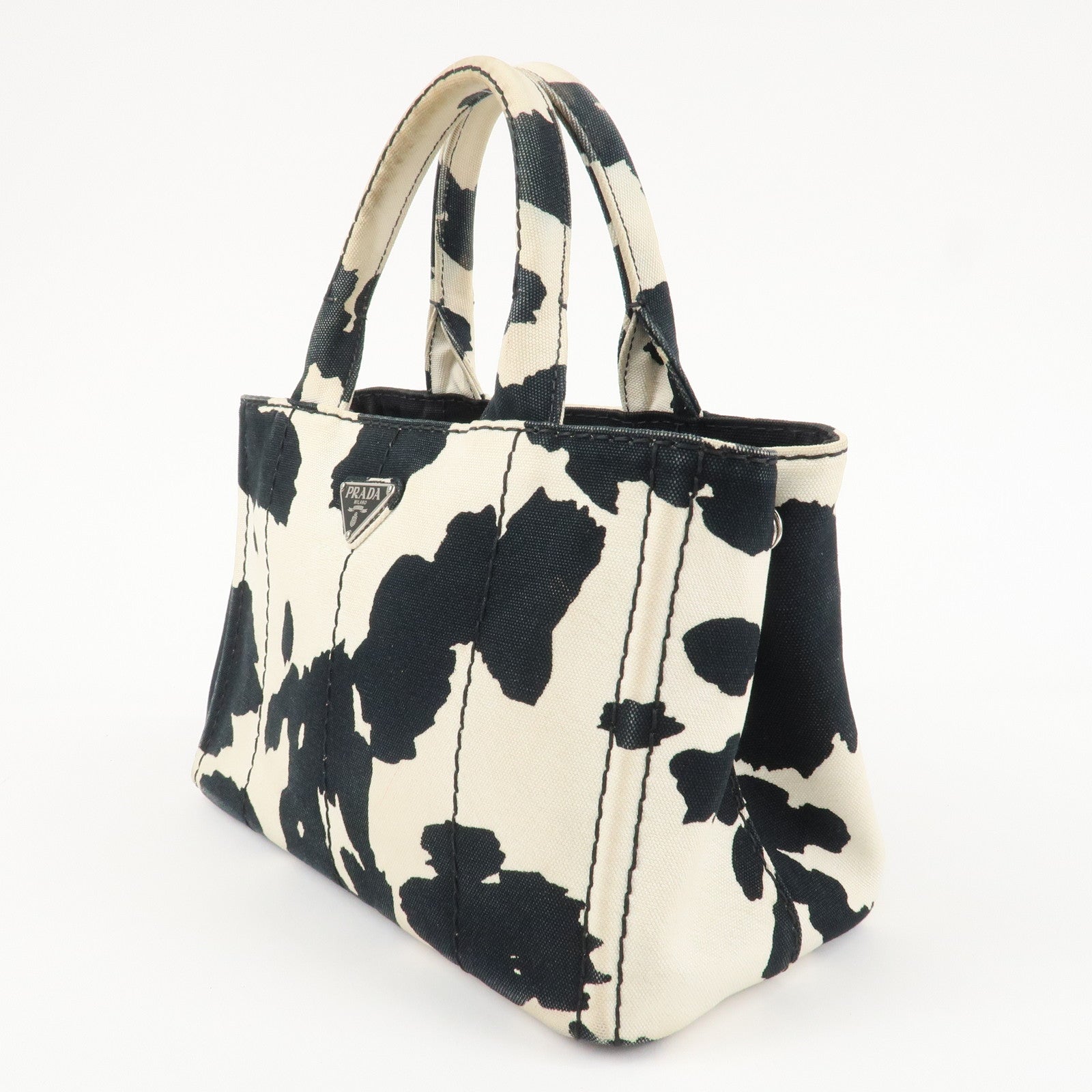 PRADA Logo Canapa Mini Canvas 2Way Bag Hand Bag Black White B2439G Used