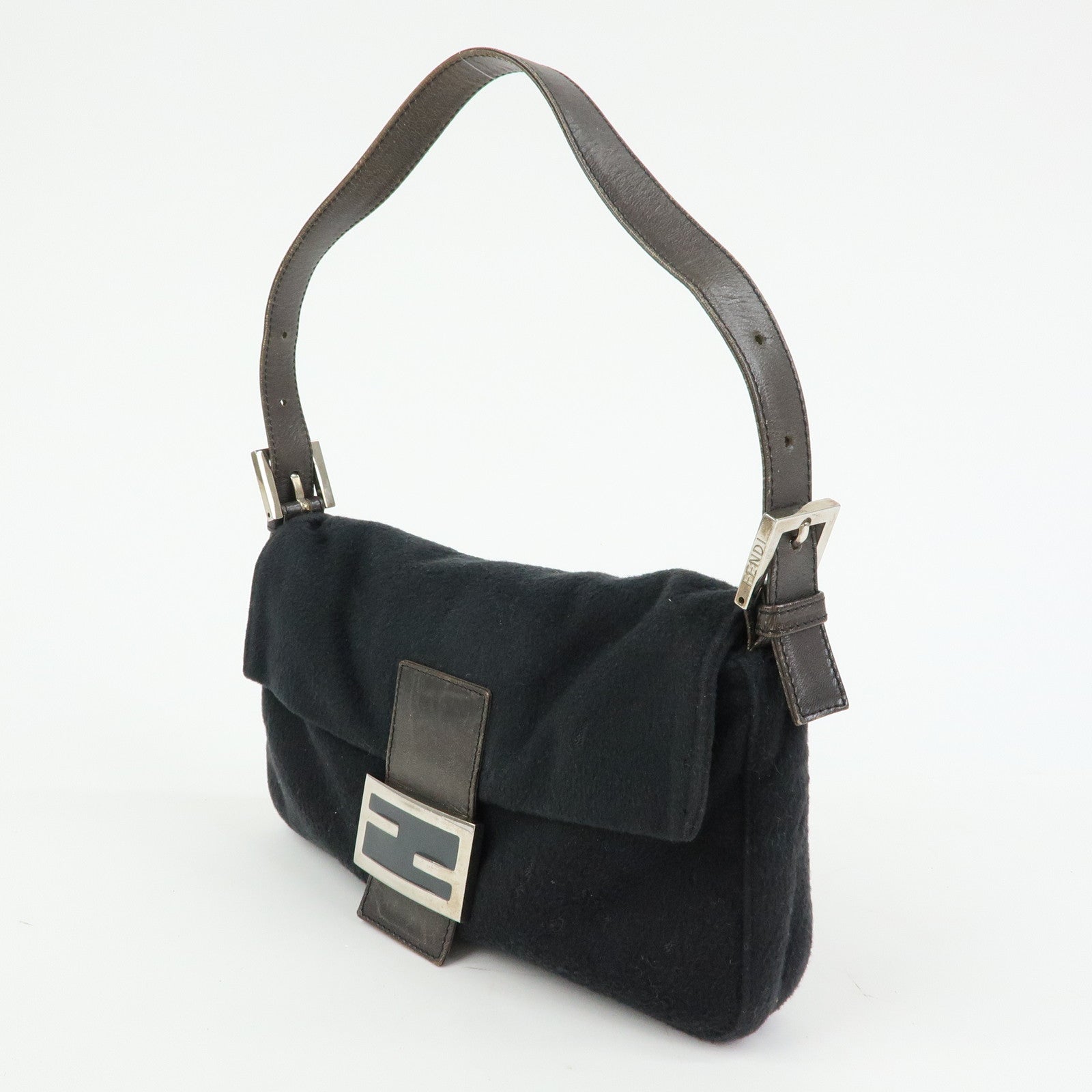 FENDI Mamma Baguette Wool Leather Shoulder Bag Hand Bag Black 26424