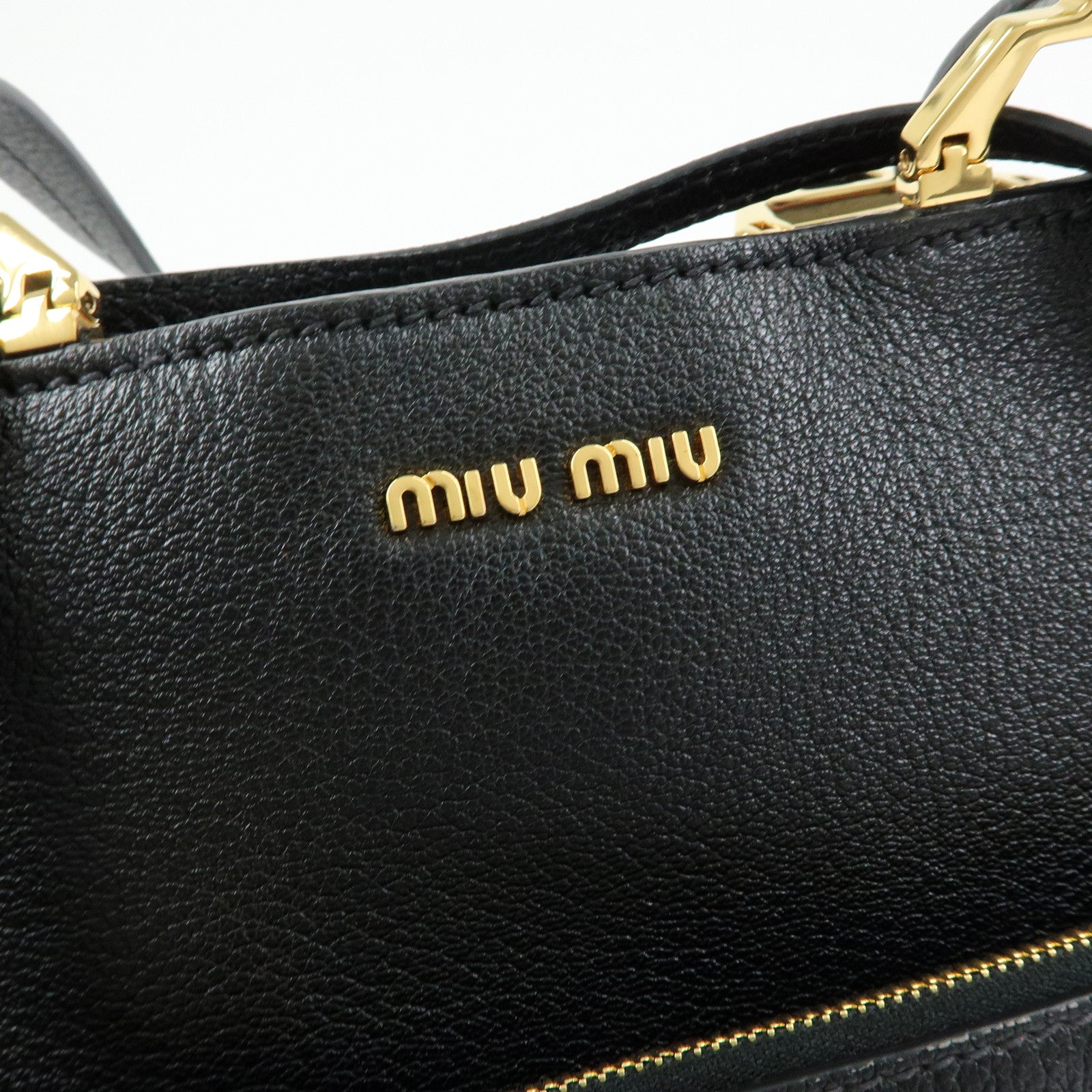 MIU MIU Logo Madras Leather Tote Bag Shoulder Bag Hand Bag Black