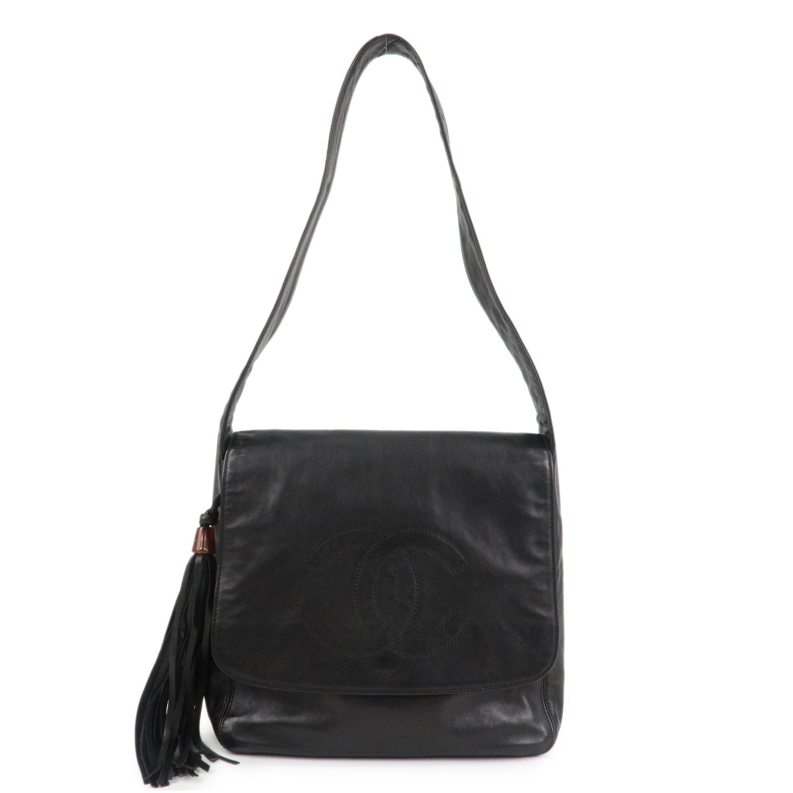 CHANEL COCO Mark Lamb Skin Shoulder Bag Hand Bag Tassel Black