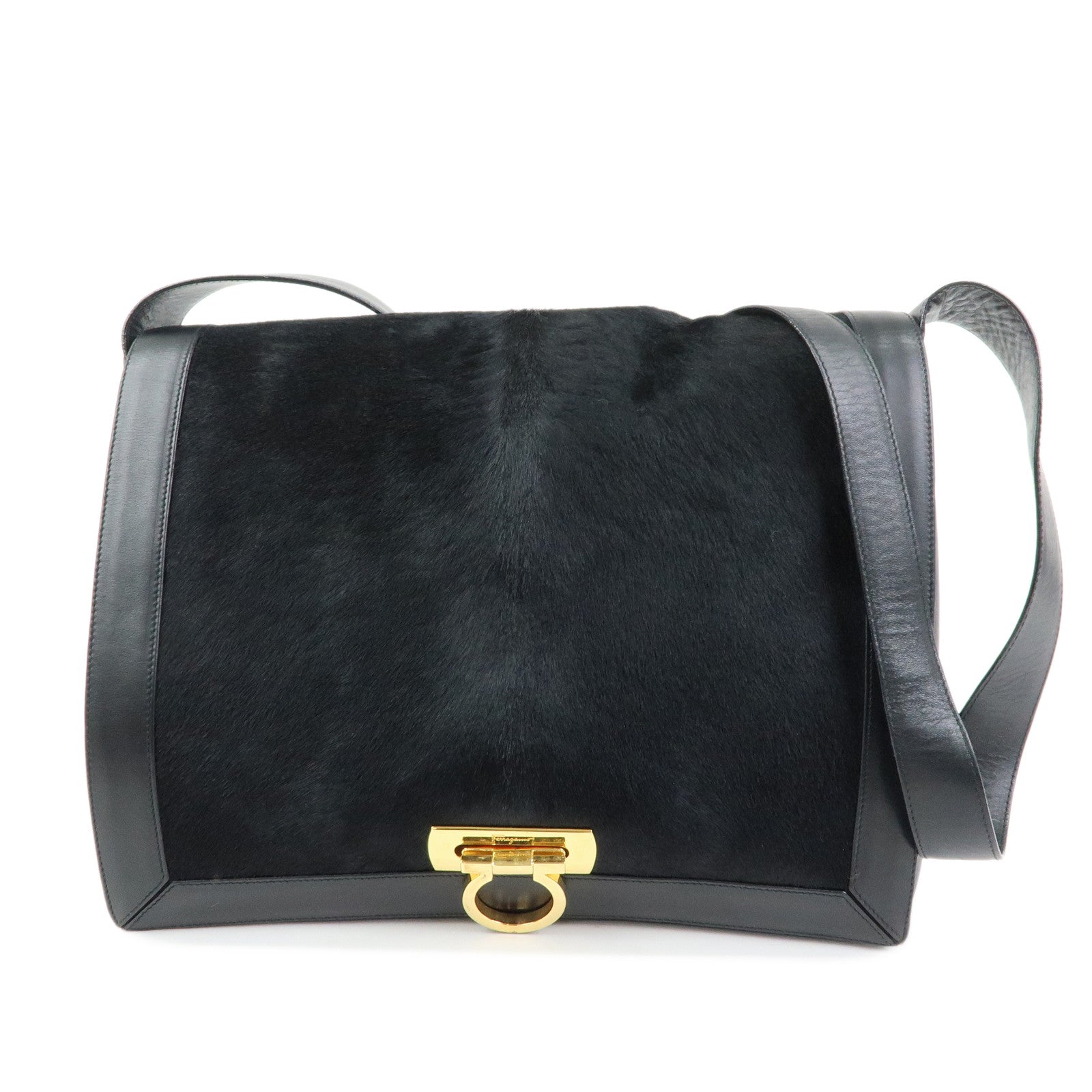 Ferragamo Gancini Calf Hair Leather Shoulder Crossbody Bag Black