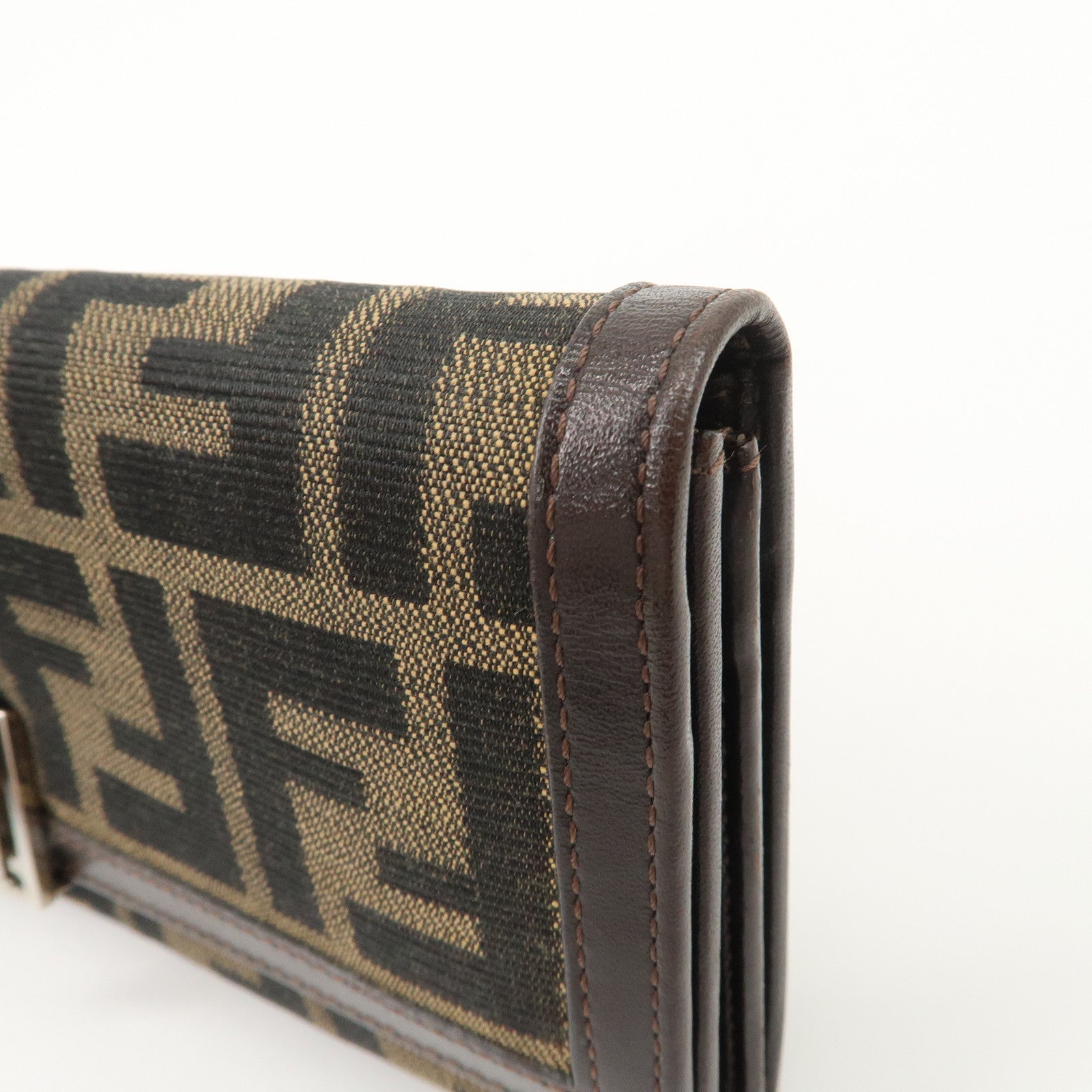 FENDI Zucca Canvas Leather Flap Long Wallet Brown 31084