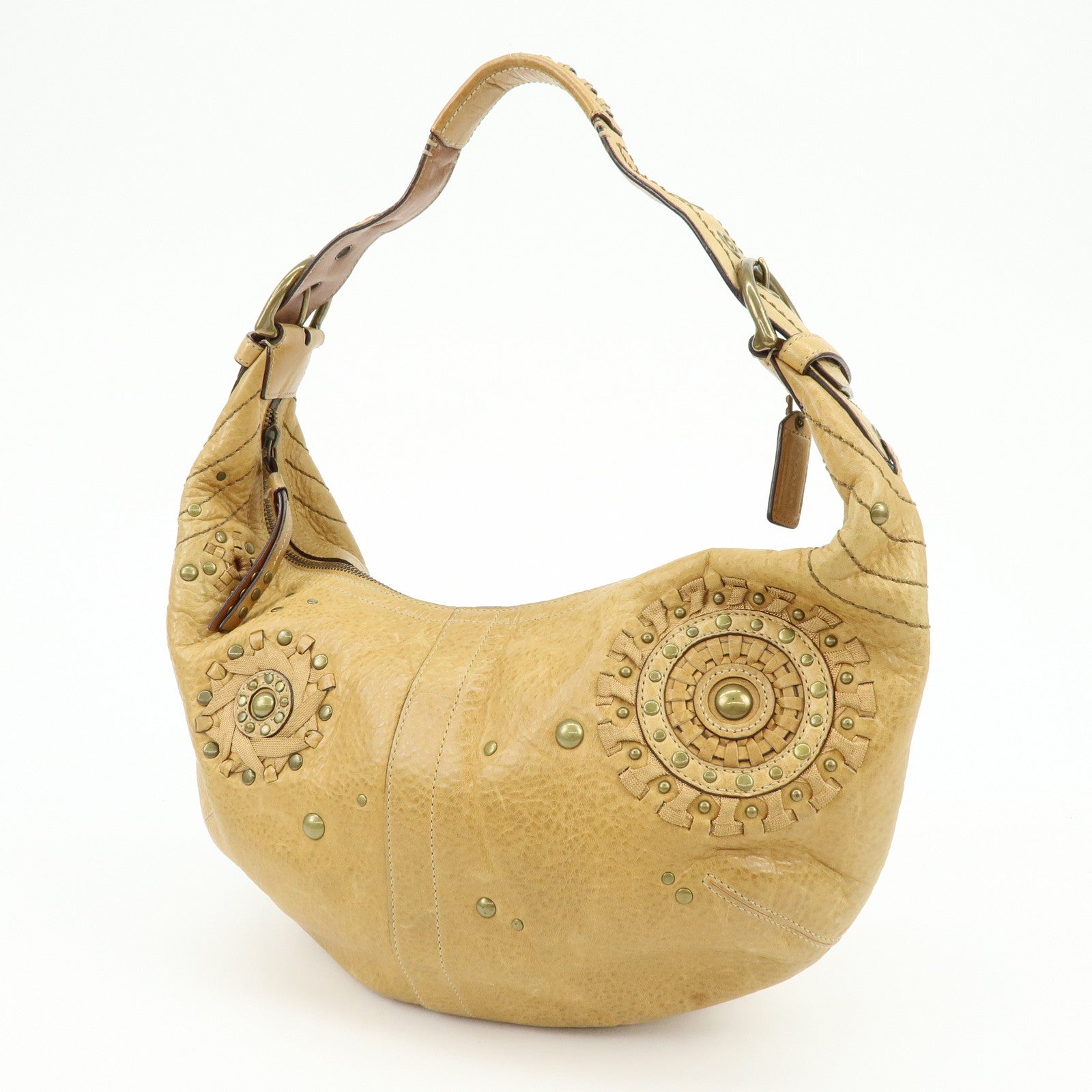 COACH Leather Shoulder Bag Hand Bag Studs Camel