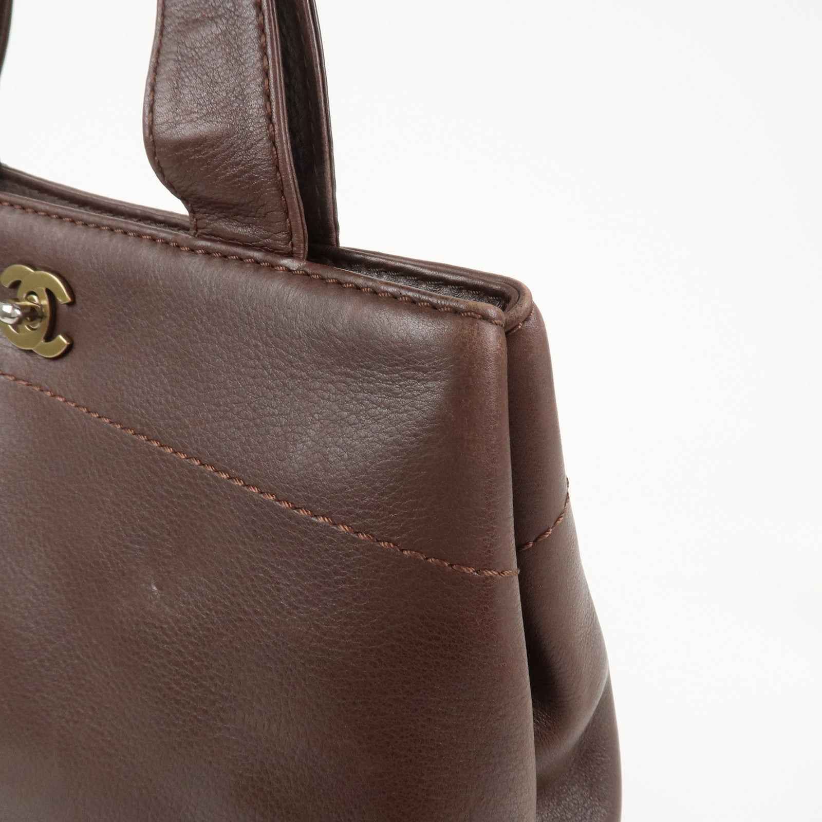 CHANEL Leather 2Way Bag Shoulder Bag Hand Bag Brown Gold