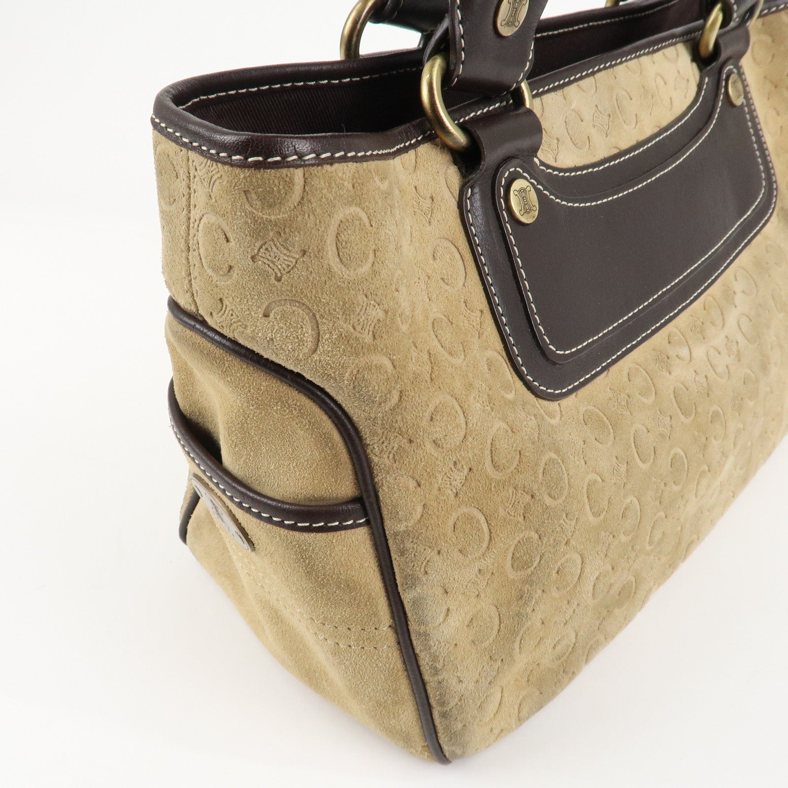 CELINE C Macadam Suede Boogie Bag Hand Bag Tote Bag Beige Dark Brown Used