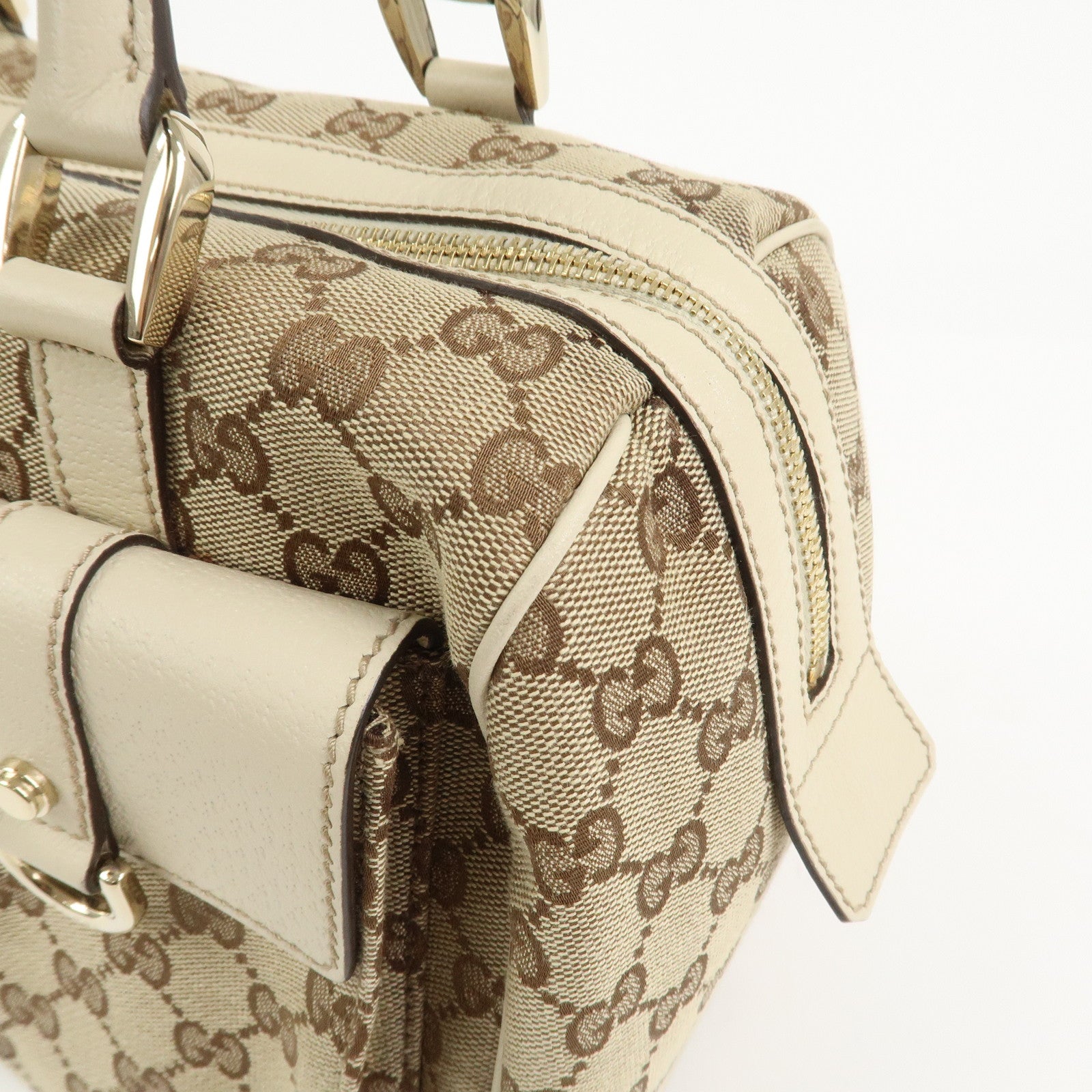 GUCCI GG Canvas Leather Mini Boston Bag Hand Bag Brown Ivory 153026