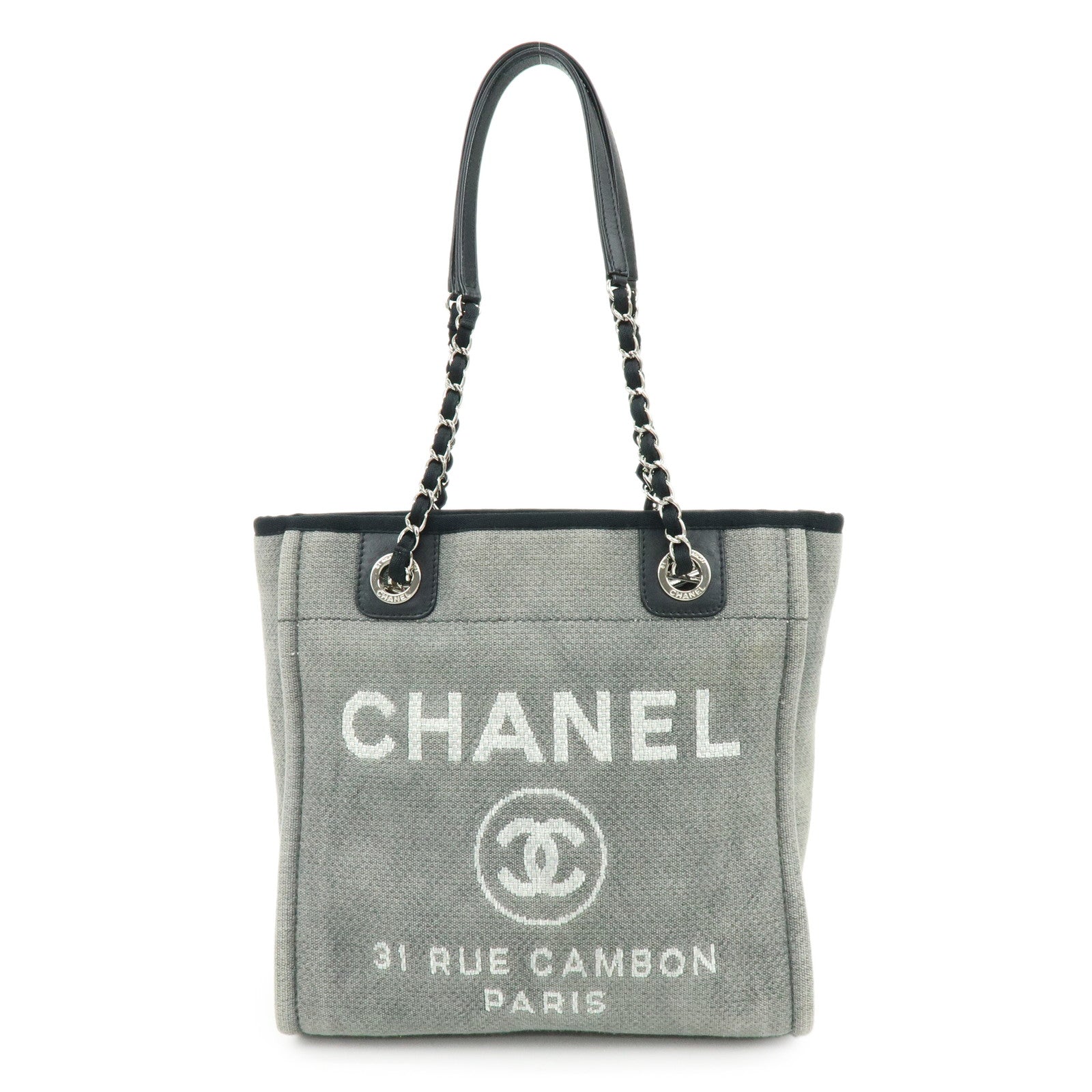 CHANEL Deauville PM Canvas Leather Chain Tote Bag Grey A66939