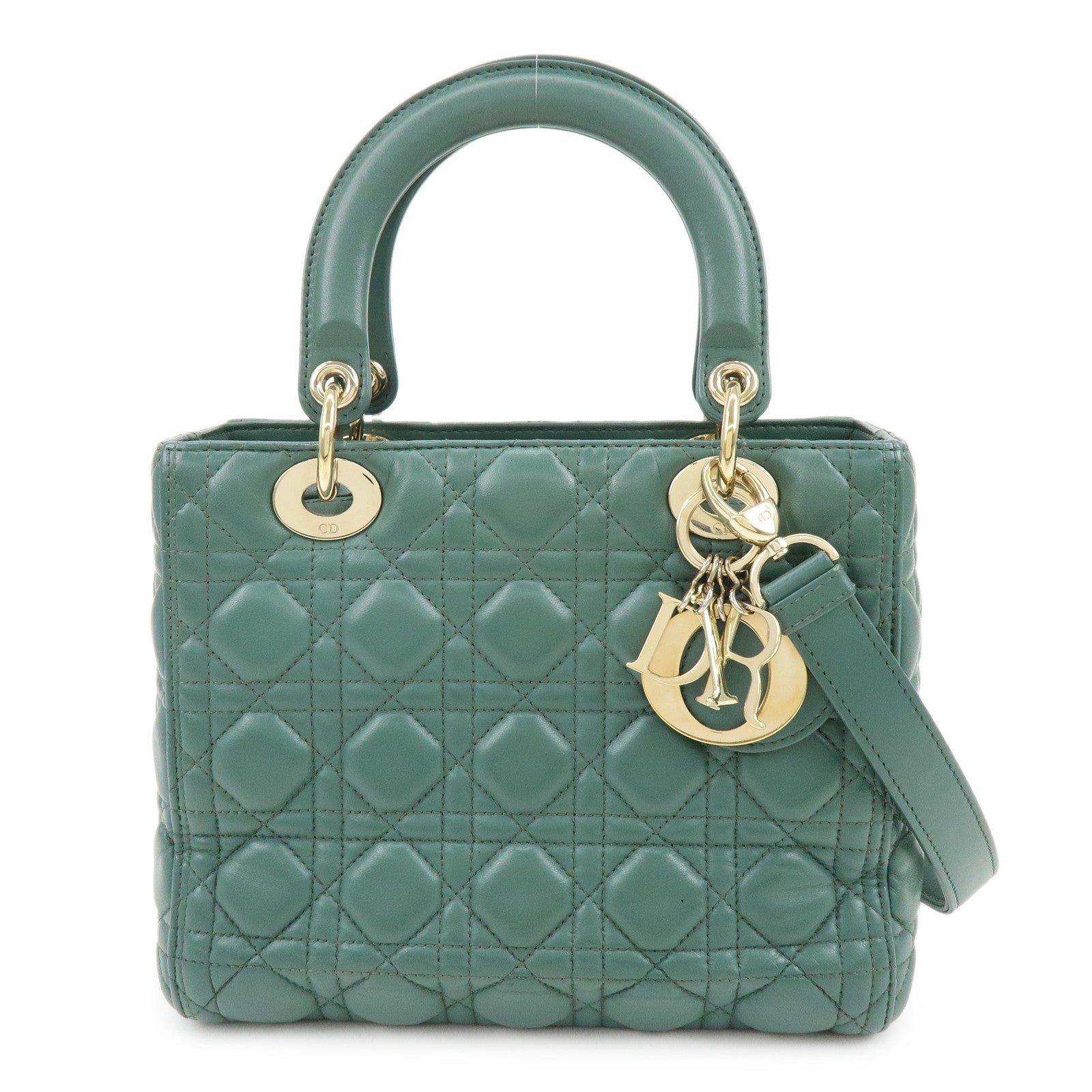 Christian Dior Lady Dior Cannage Lamb Skin 2Way Bag Hand Bag Green
