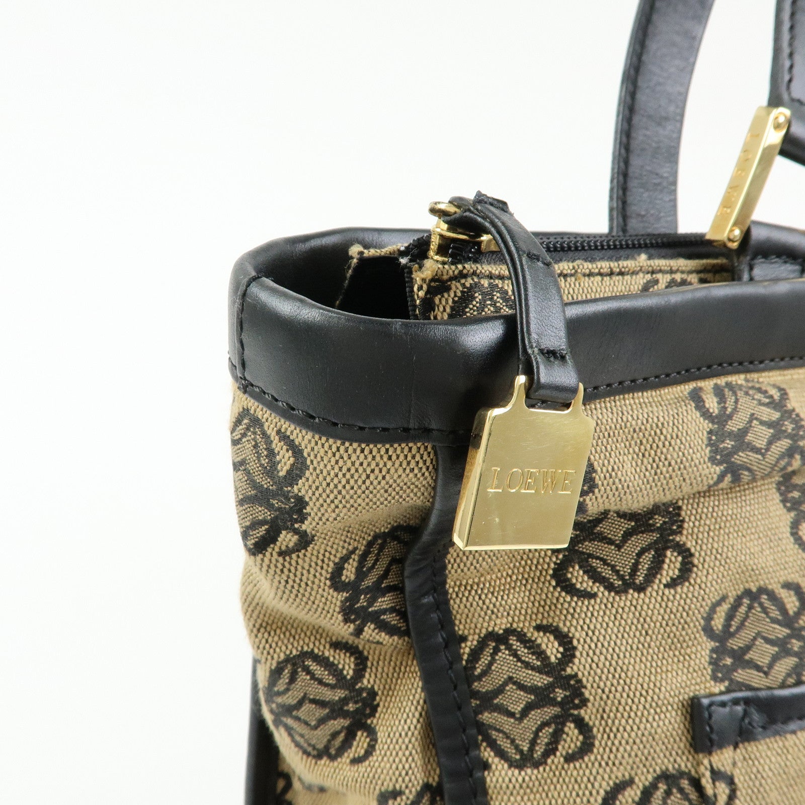 LOEWE Anagram Jacquard Canvas Leather Tote Bag Beige Black