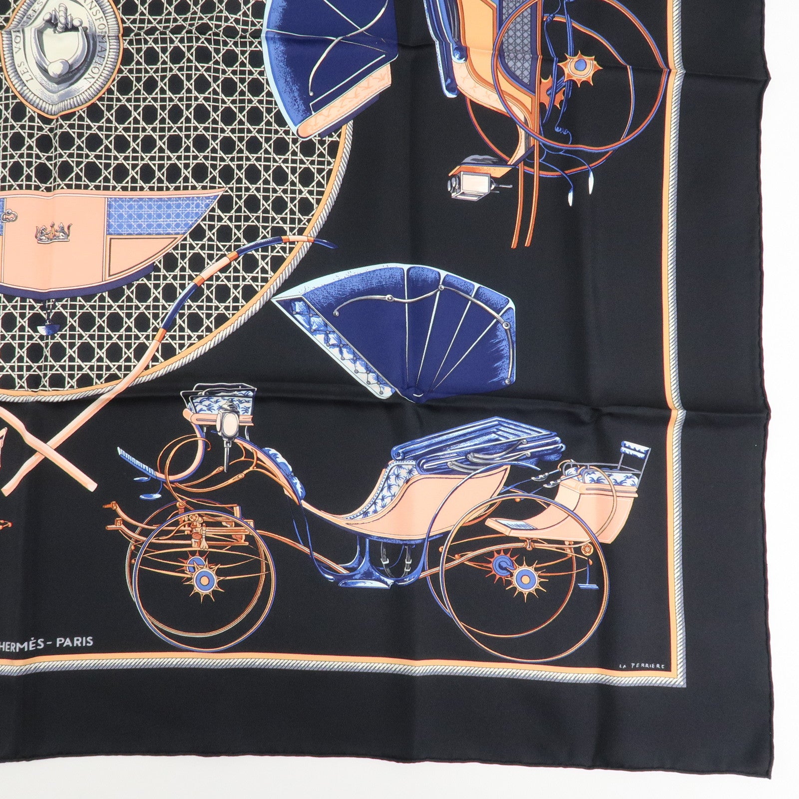 HERMES Carre 90 Silk 100% Scarf CAVALIERS FEULS Knight Print Navy Used