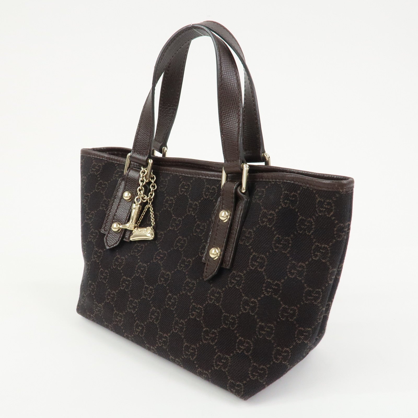 GUCCI Logo GG Canvas Leather Hand Bag Tote Bag Dark Brown 240017
