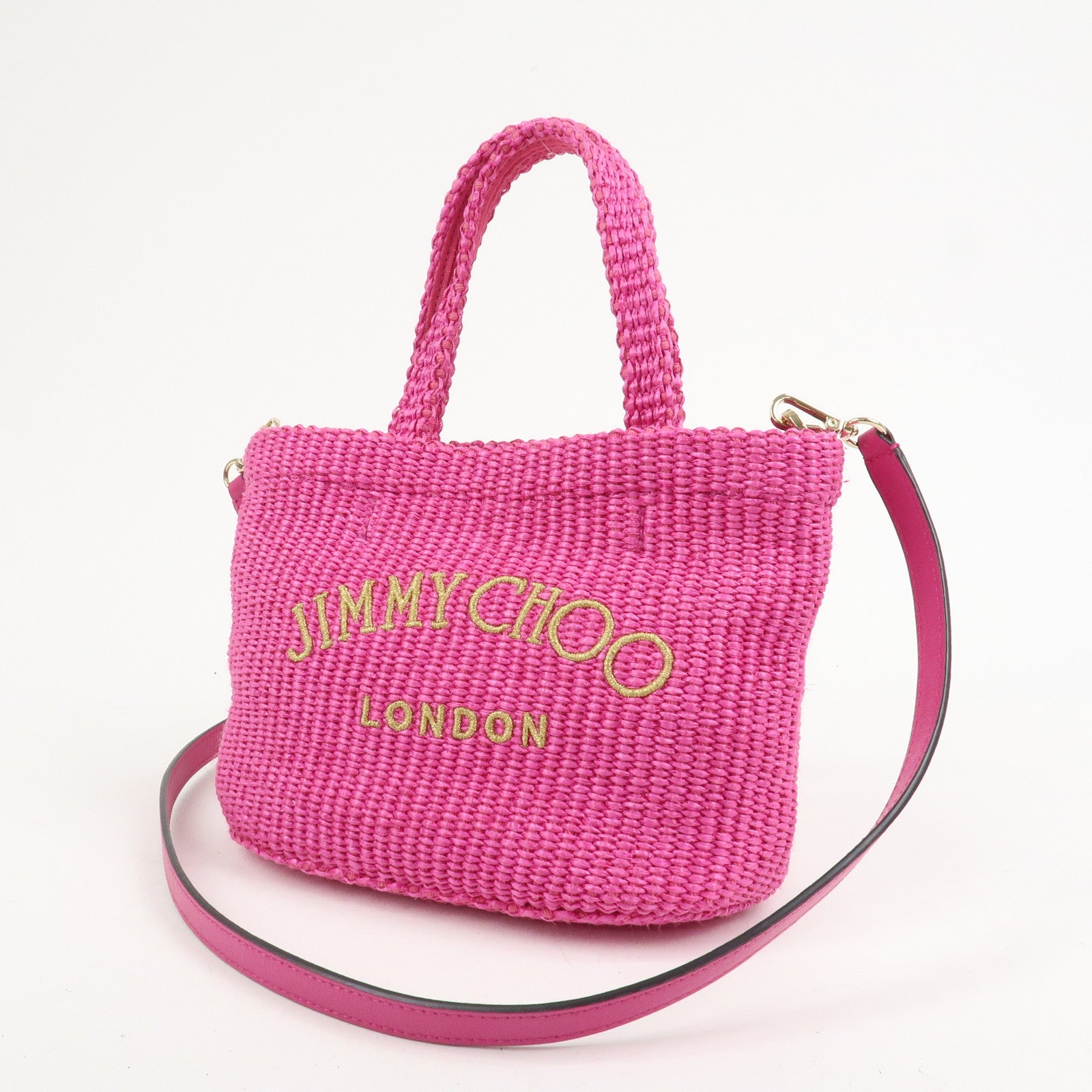 JIMMY CHOO Leather Raffia Beach West East 2 Way Bag Mini Tote Bag