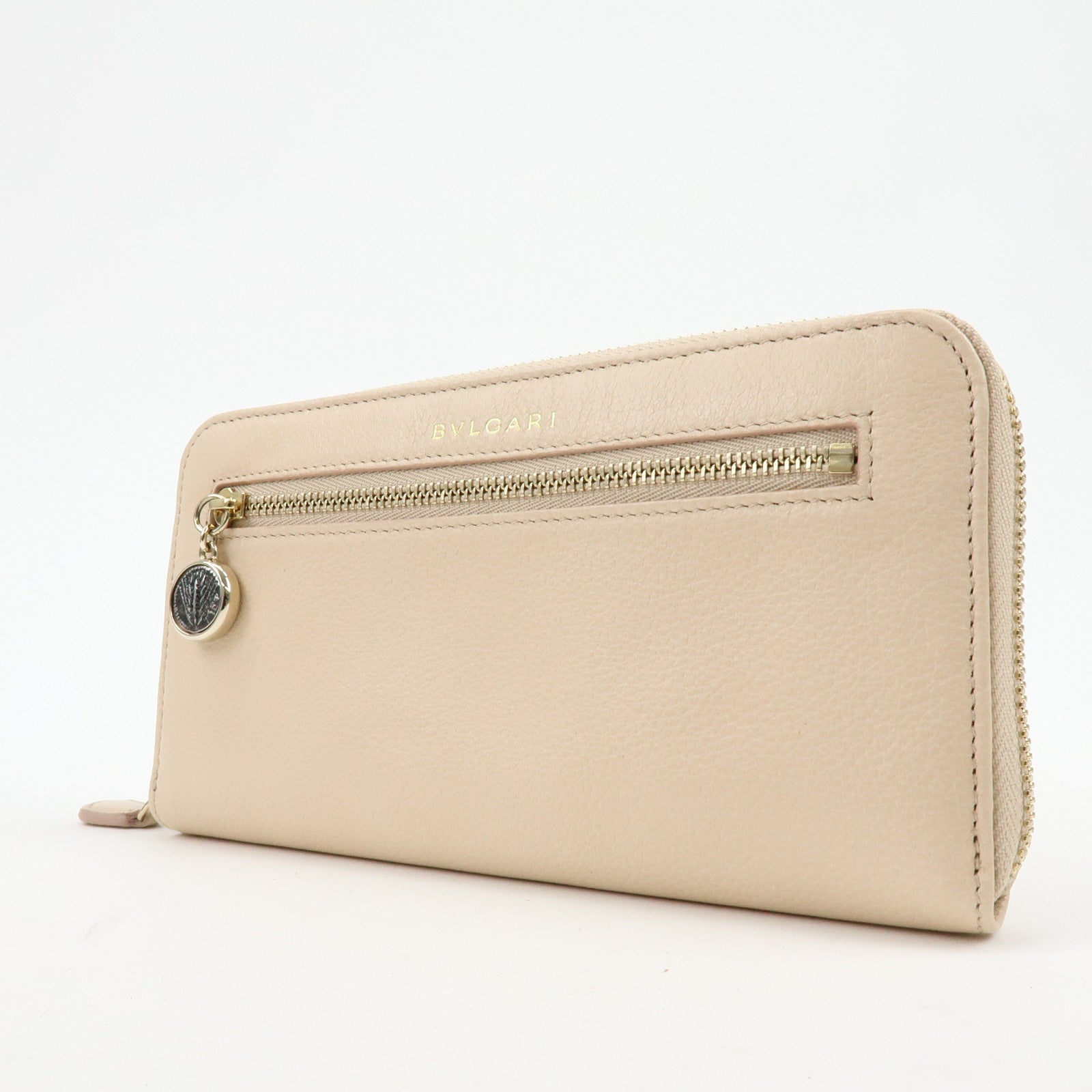 BVLGARI Logo Leather Round Zippy Long Wallet Pink Beige
