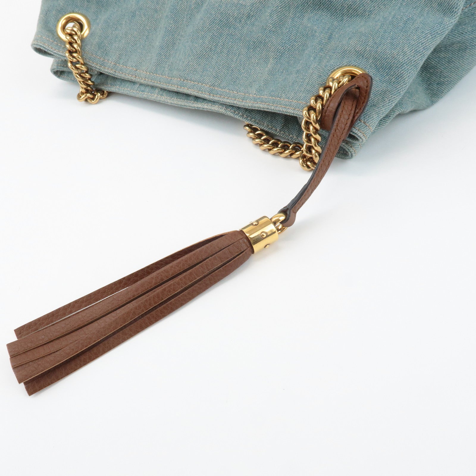 GUCCI SOHO Denim Leather Chain Shoulder Bag Fringe Charm Blue 308982 Used