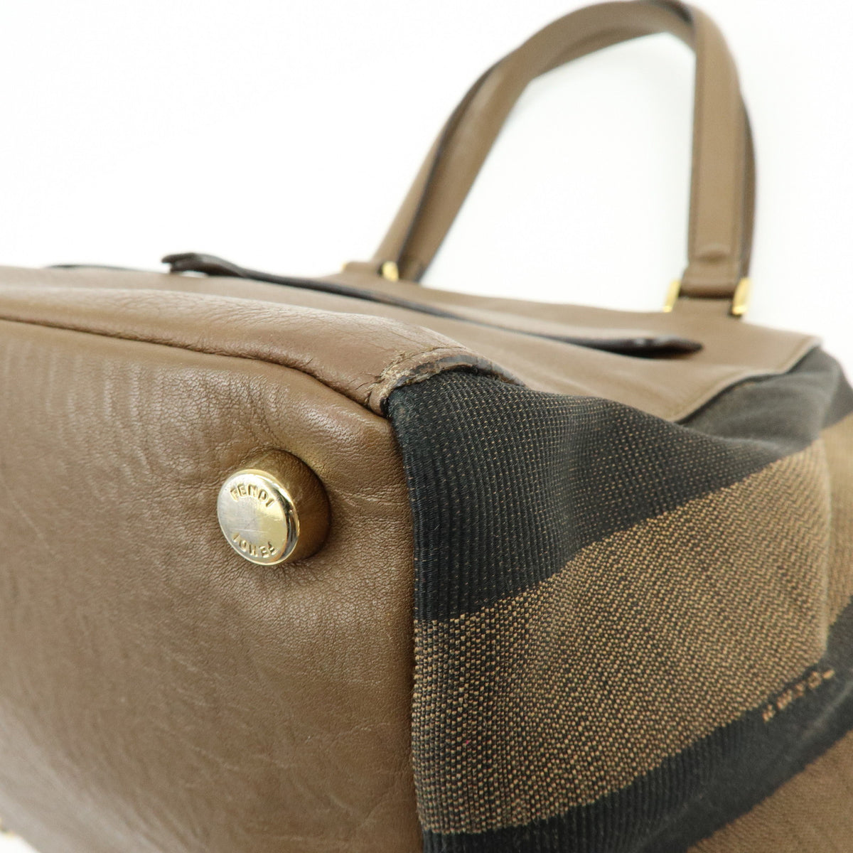 FENDI Pequin Leather Canvas Suede Tote Bag Hand Bag Brown 8BN251