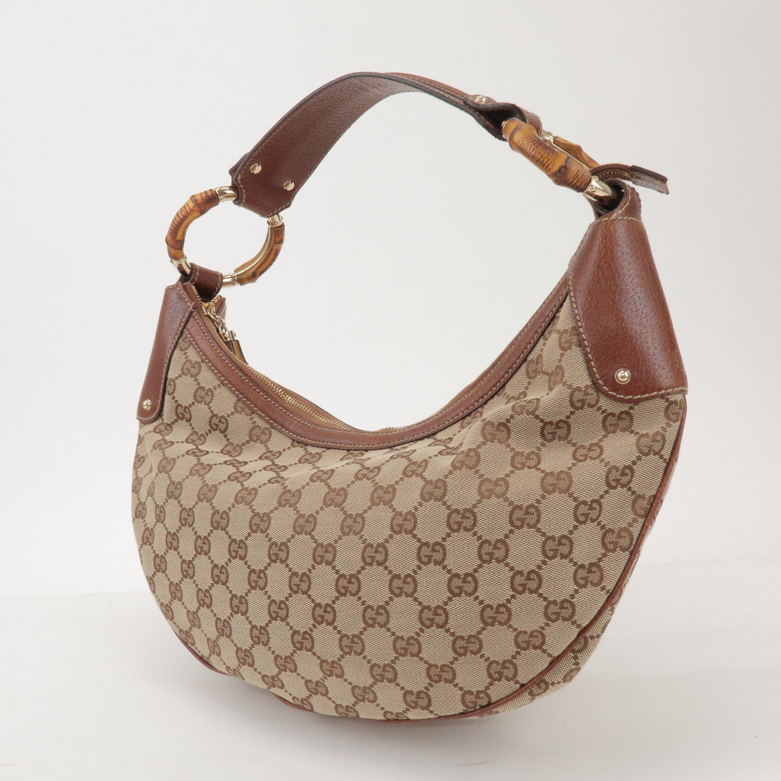 GUCCI Bamboo GG Canvas Leather Shoulder Bag Beige Brown 137577