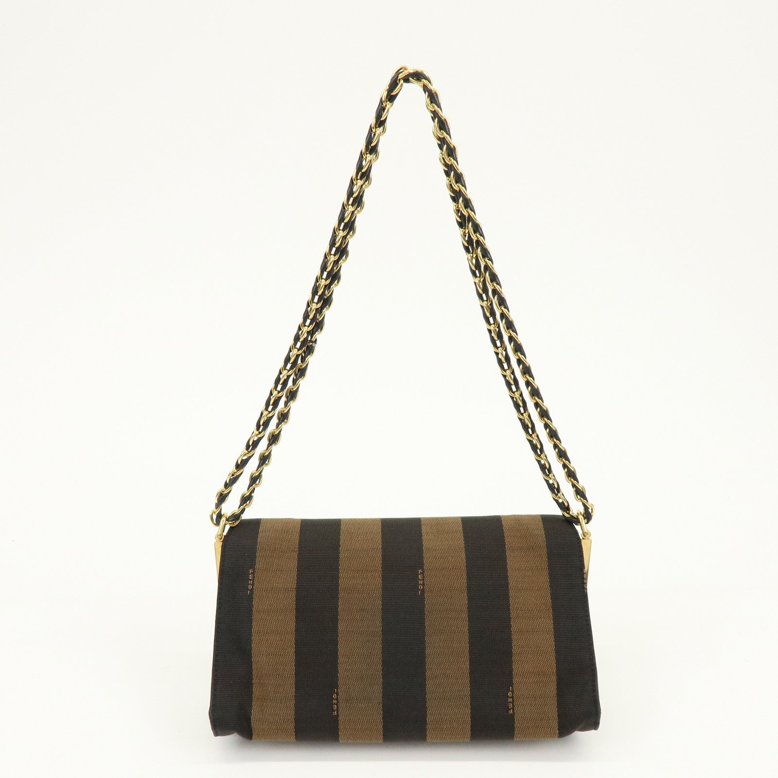 FENDI Pequin Canvas Leather Shoulder Bag Brown Black 8BT204