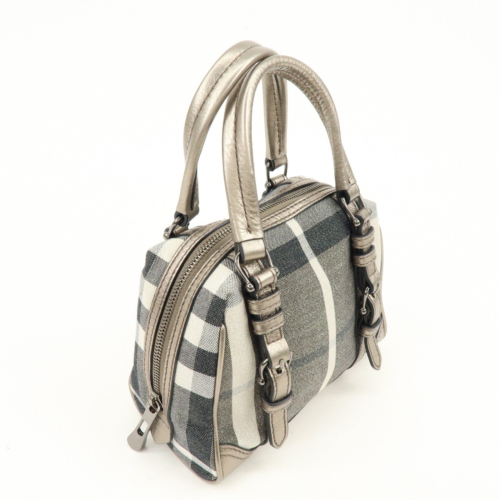 BURBERRY Plaid Canvas Leather Hand Bag Gray Champagne Gold
