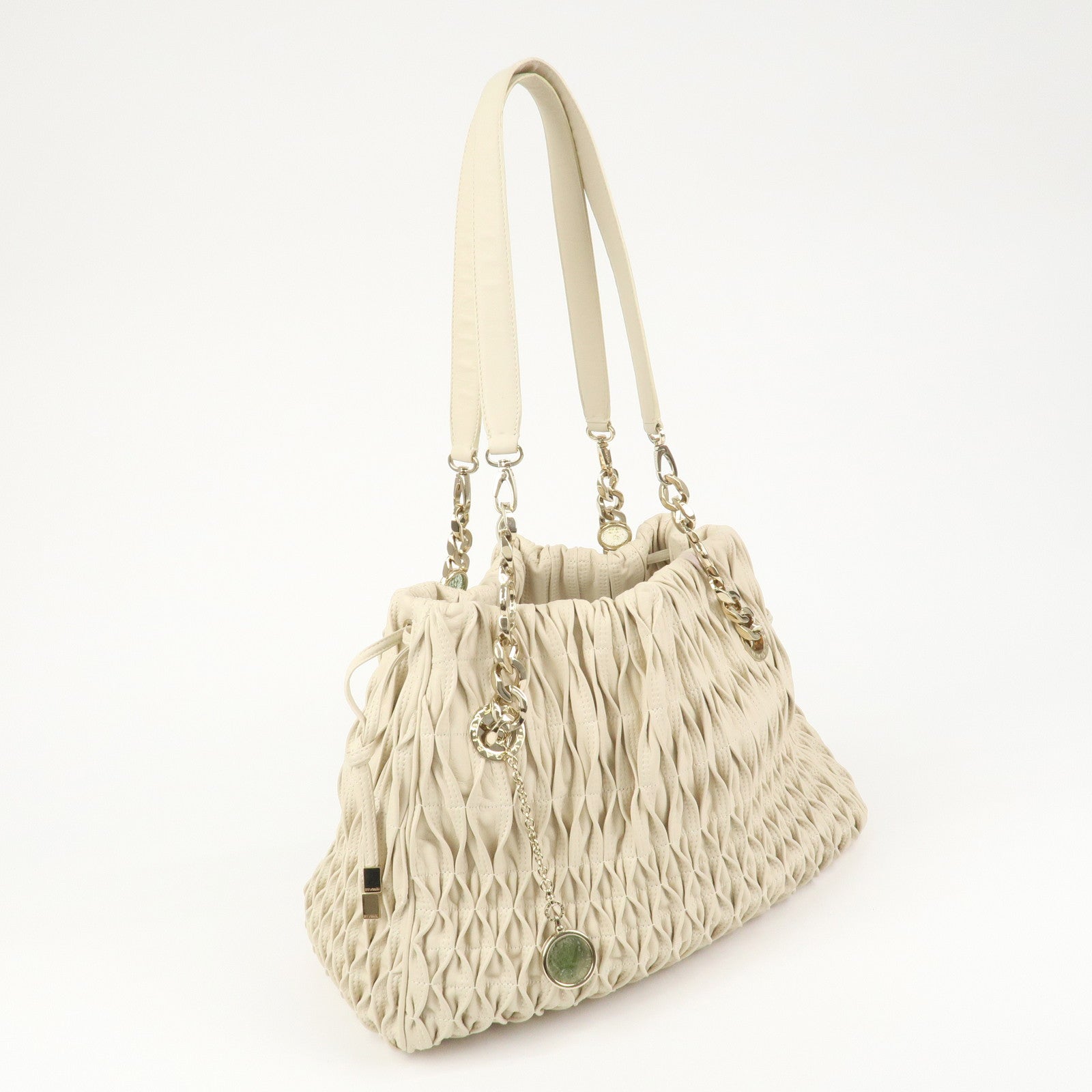 BVLGARI Monete Leather 2Way Bag Shoulder Bag Hand Bag Ivory