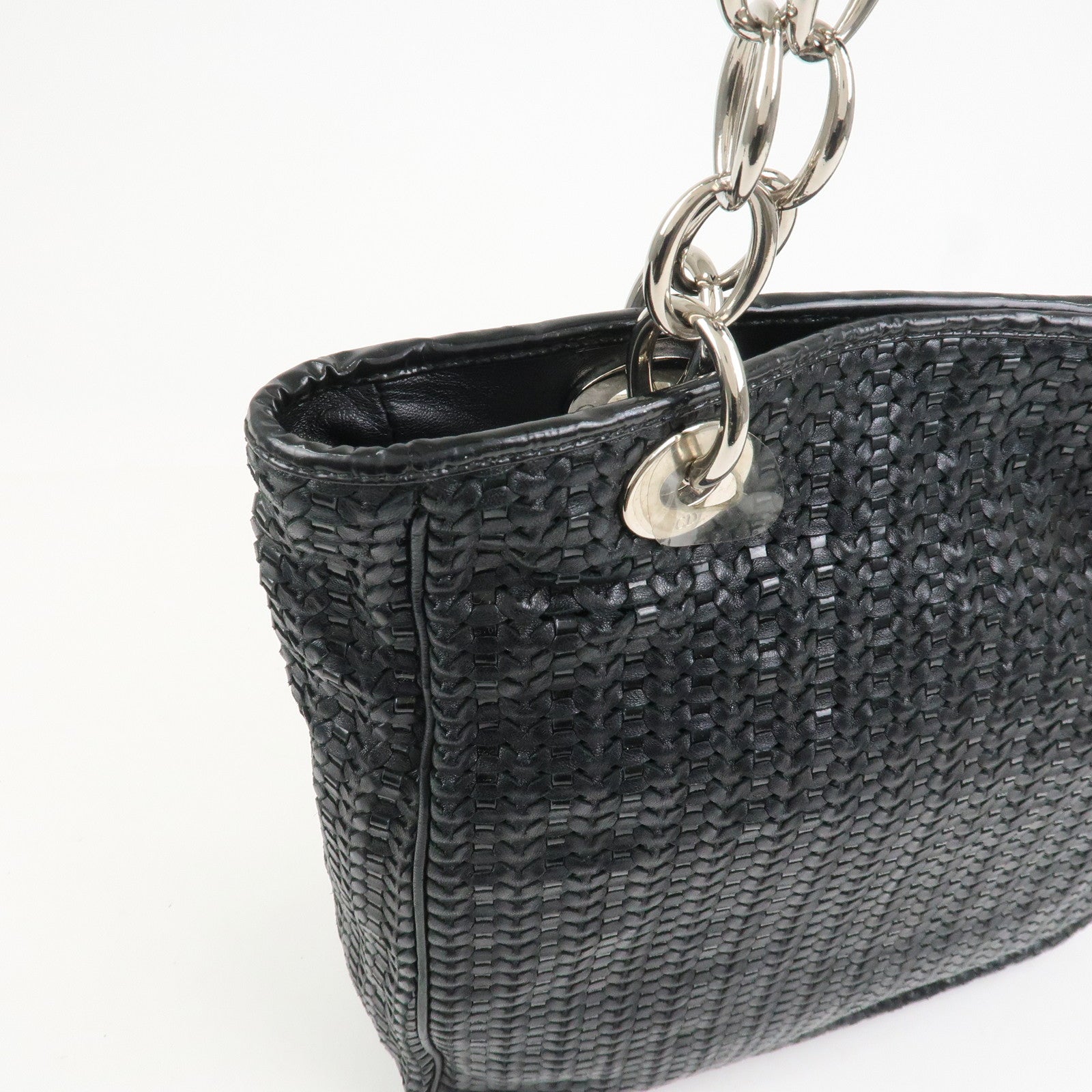 Christian Dior Woven Leather Logo Charm Chain Tote Bag Black